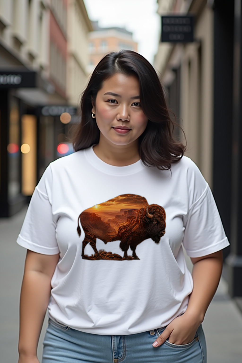 Bison Canyon T-Shirt front view on white tee mannequin — Cosmic Wildlife Double Exposure