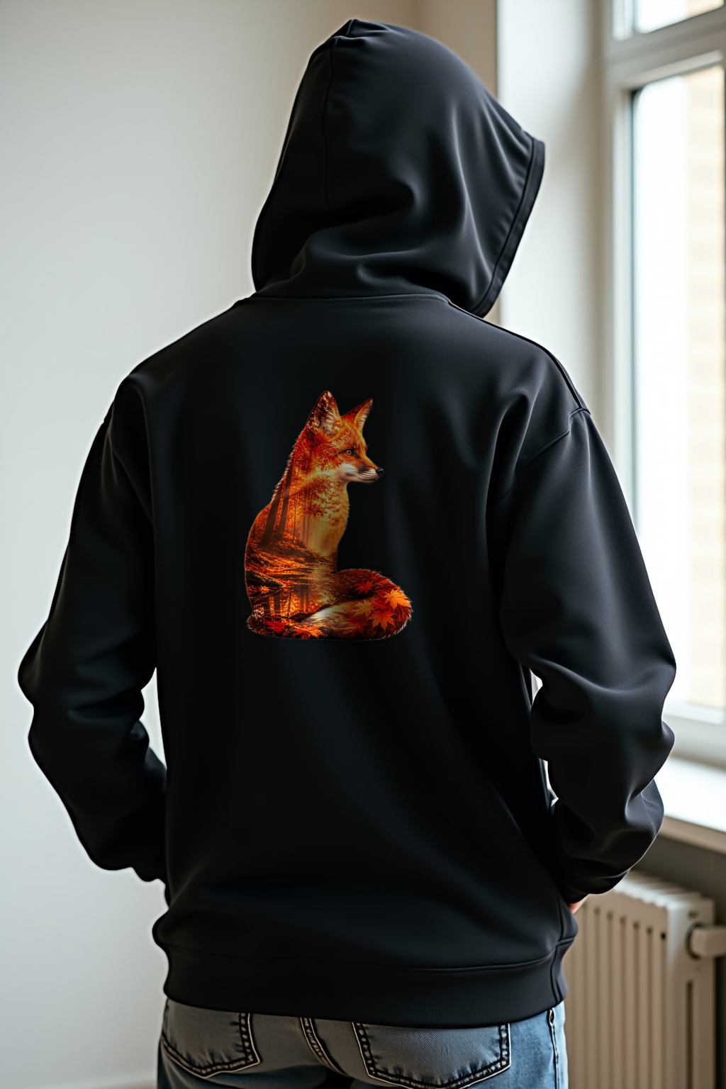 Autumn Fox Hoodie back view on black hoodie mannequin — Cosmic Wildlife Double Exposure