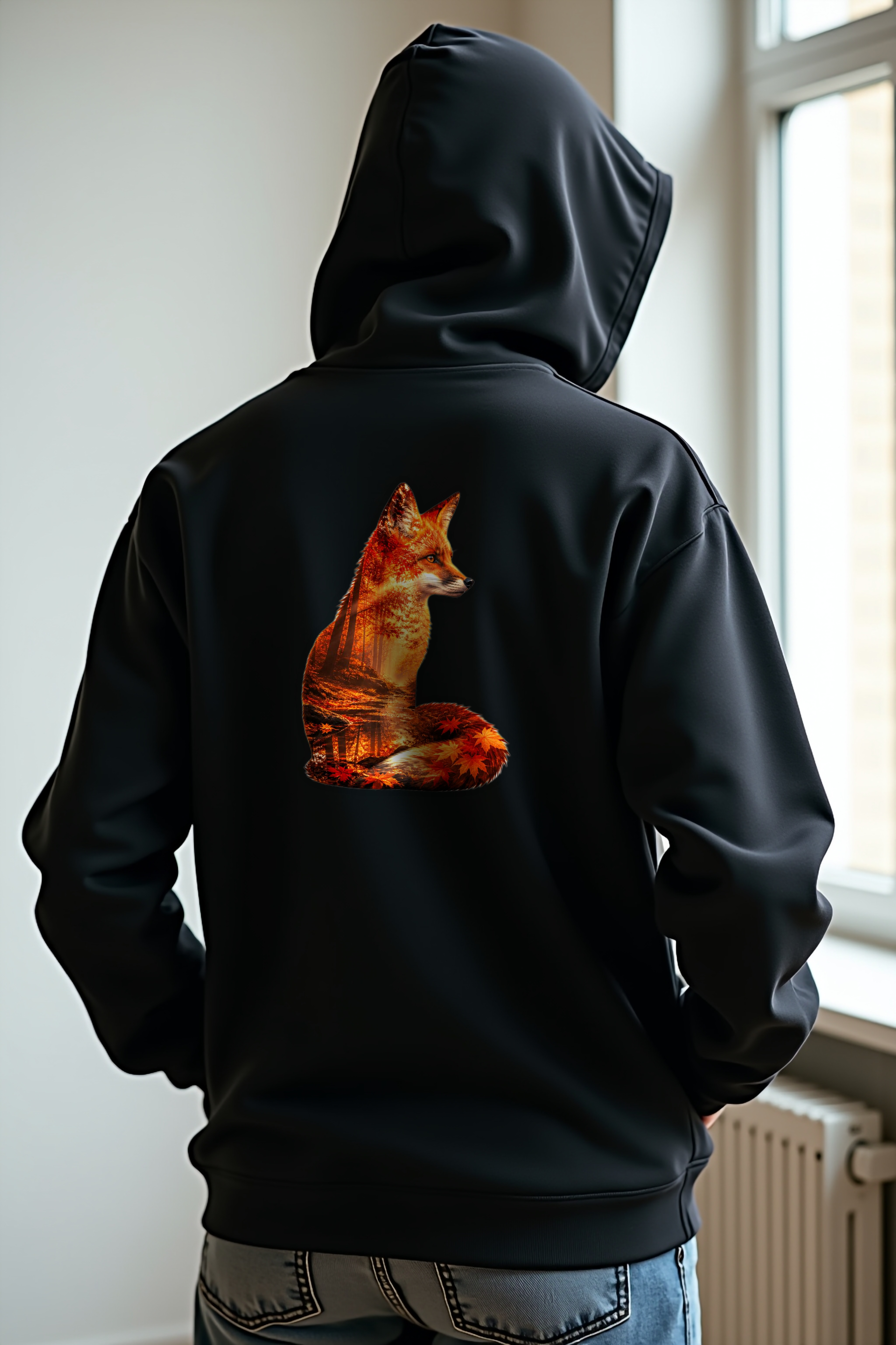 Autumn Fox Hoodie back view on black hoodie mannequin — Cosmic Wildlife Double Exposure