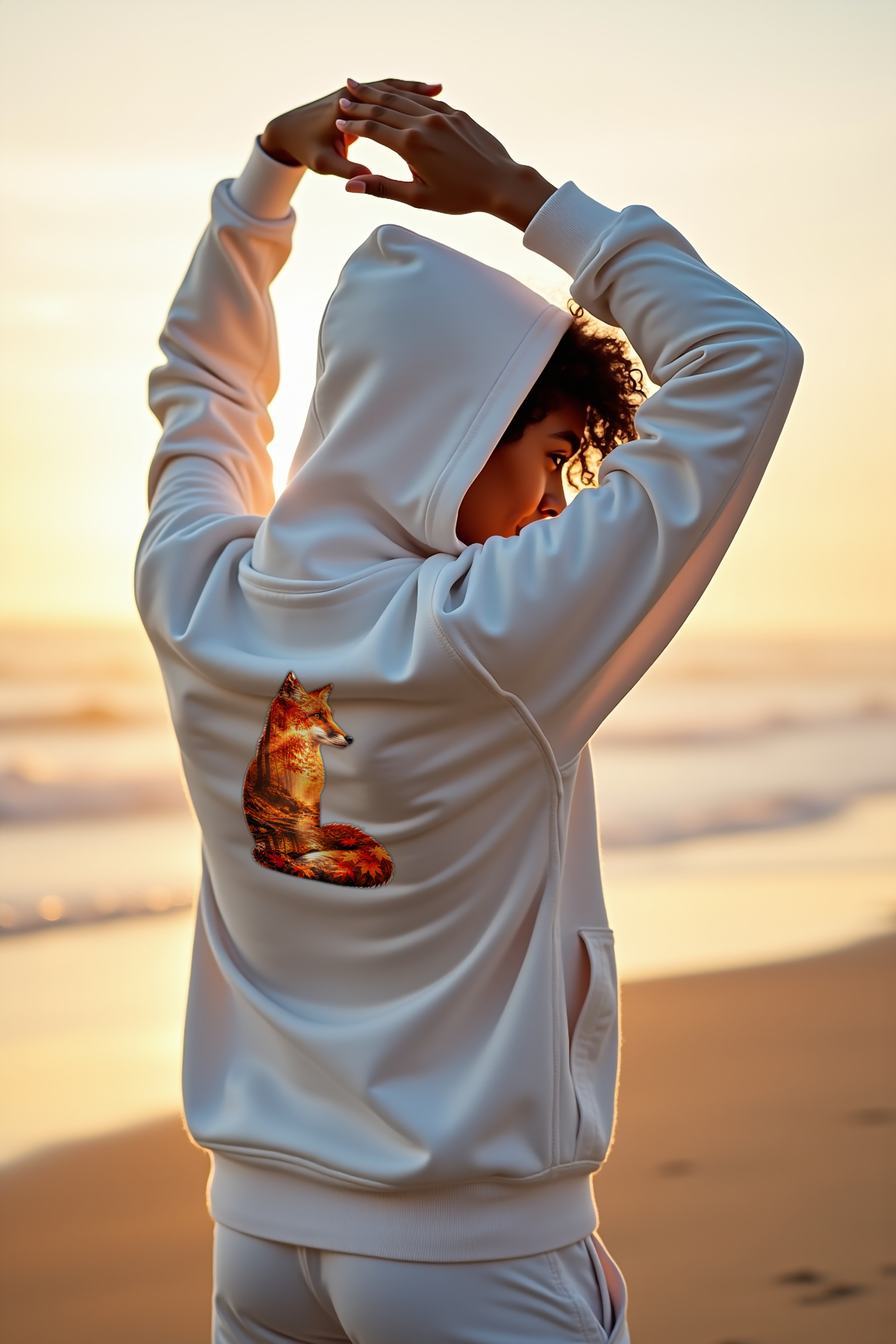 Autumn Fox Hoodie back view on white hoodie mannequin — Cosmic Wildlife Double Exposure
