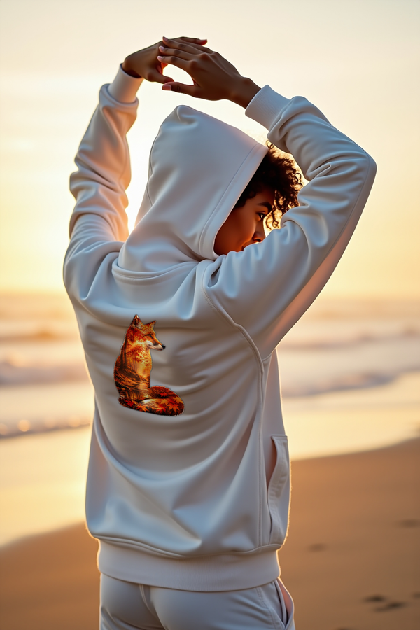 Autumn Fox Hoodie back view on white hoodie mannequin — Cosmic Wildlife Double Exposure