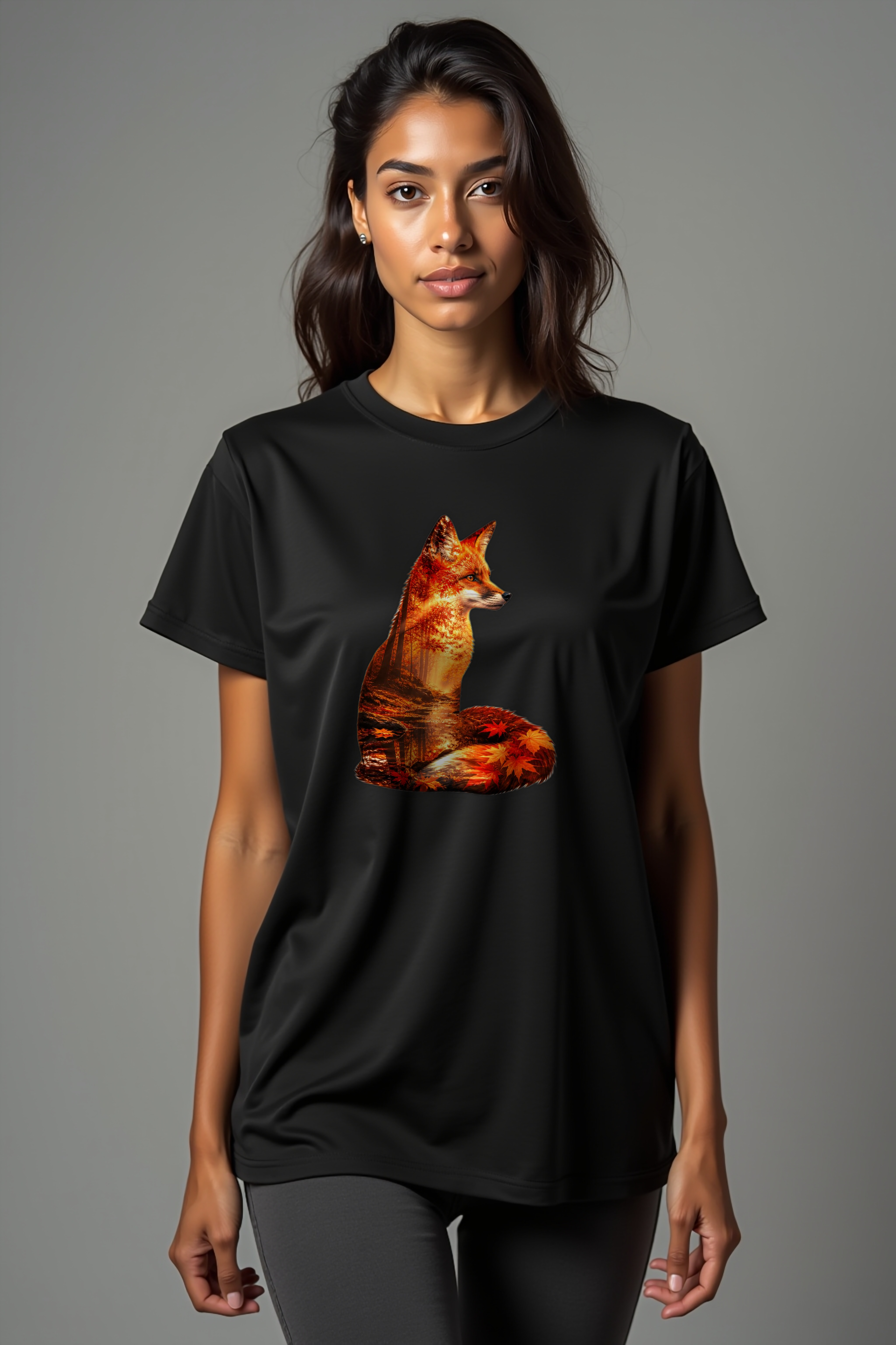 Autumn Fox T-Shirt front view on black tee mannequin — Cosmic Wildlife Double Exposure