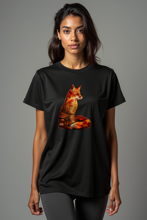 Autumn Fox T-Shirt front view on black tee mannequin — Cosmic Wildlife Double Exposure