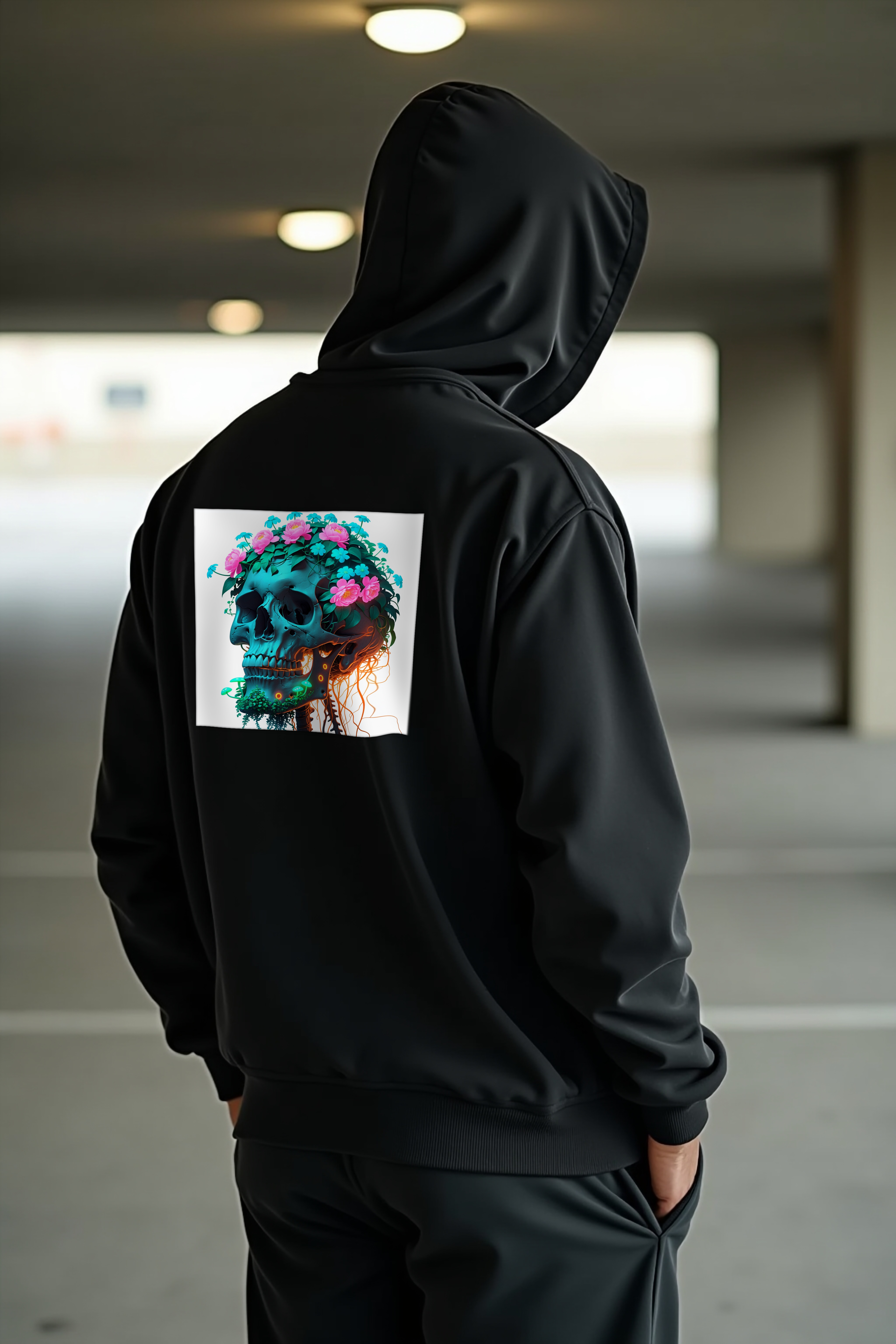 Neon Bloom Skull - Hoodie - black mannequin (D13)