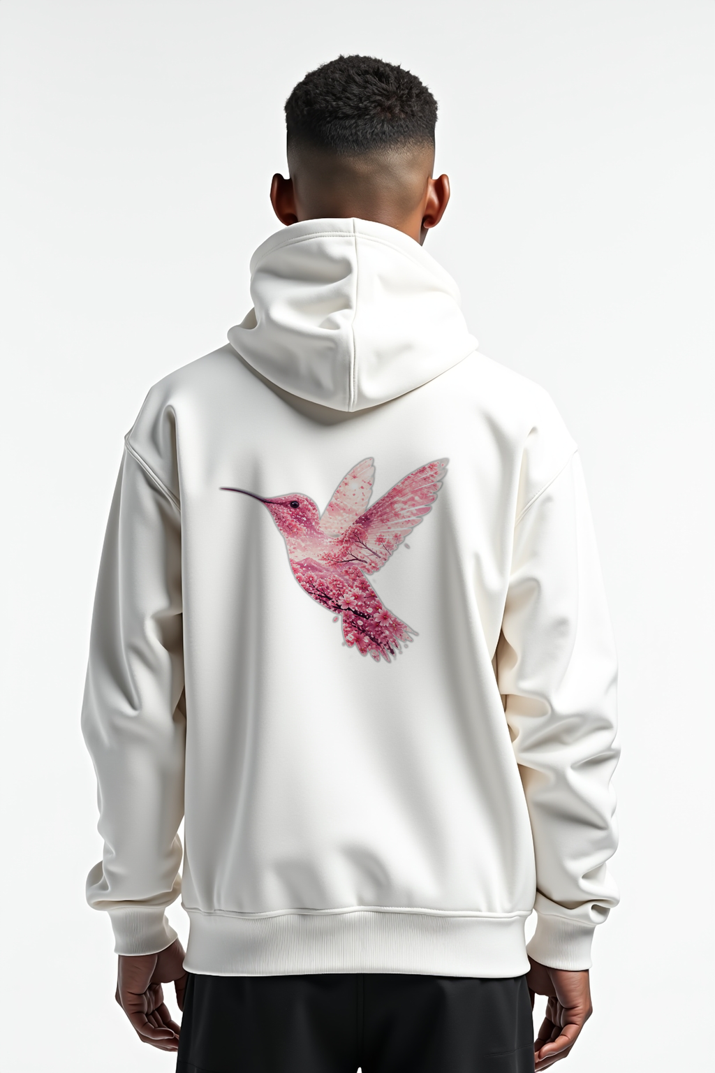 Sakura Hummingbird Hoodie back view on white hoodie mannequin — Cosmic Wildlife Double Exposure
