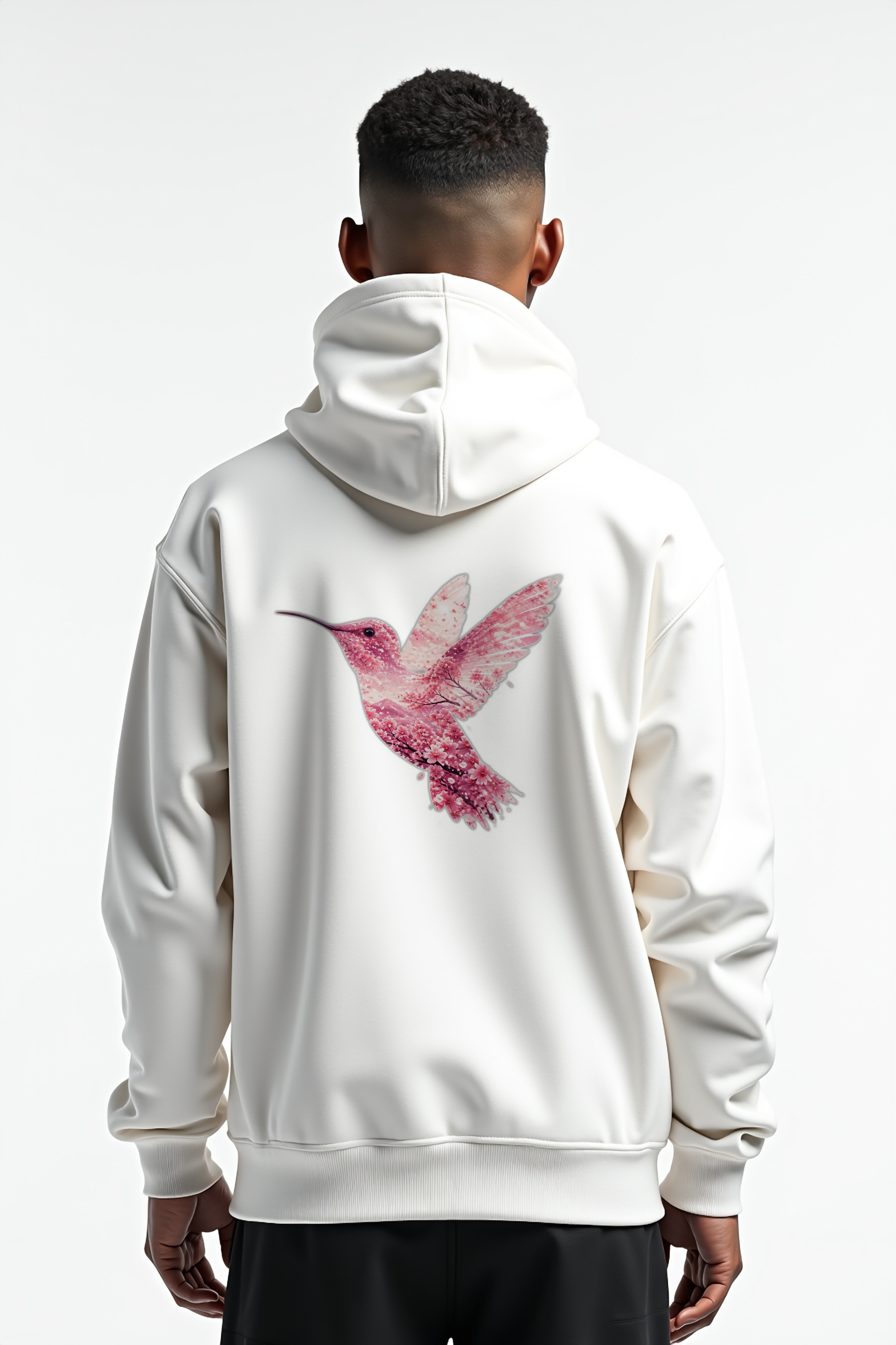 Sakura Hummingbird Hoodie back view on white hoodie mannequin — Cosmic Wildlife Double Exposure