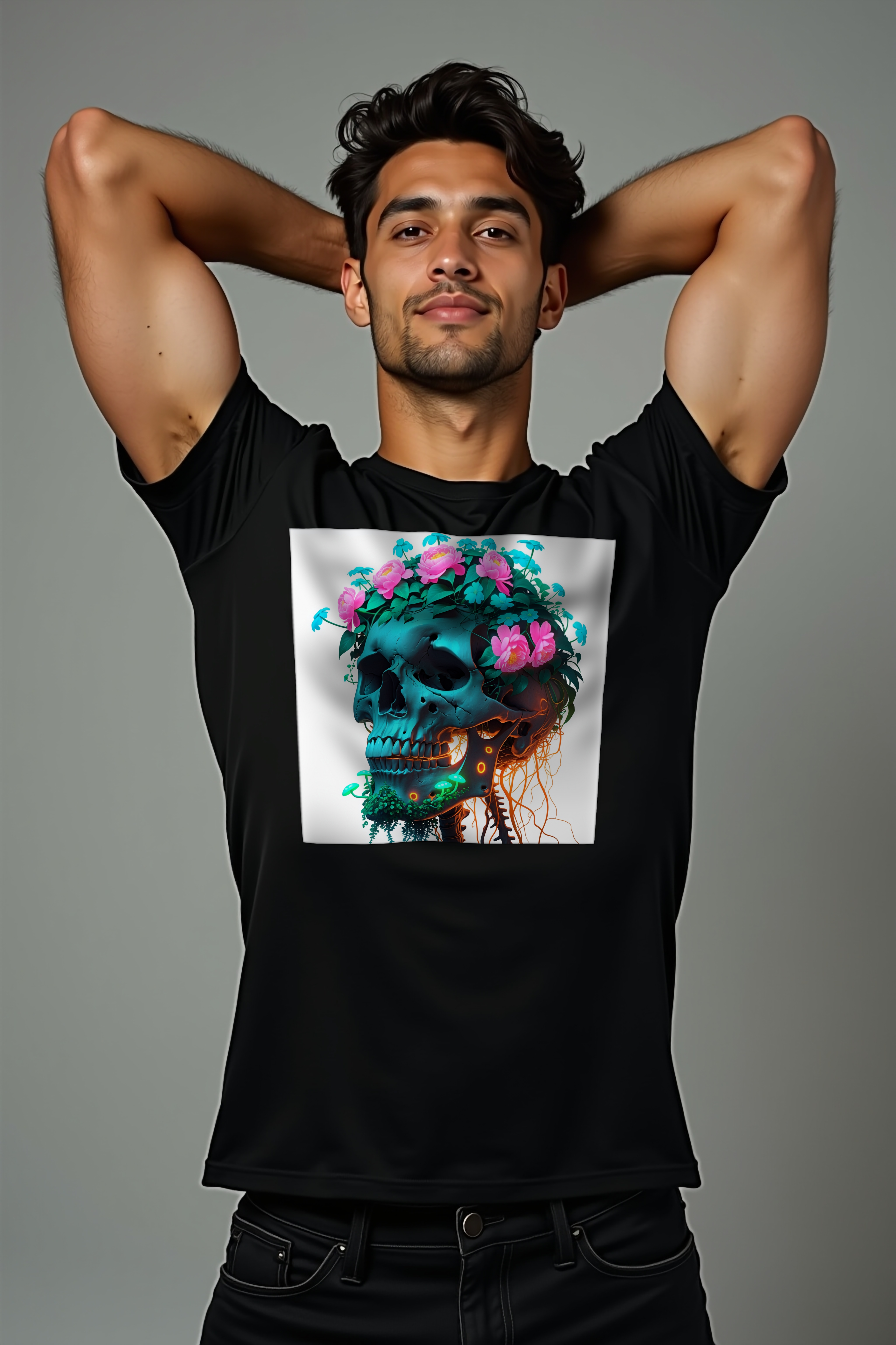 Neon Bloom Skull - T-Shirt - black mannequin (D13)