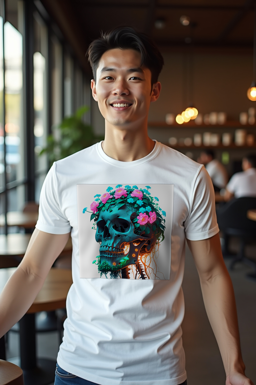 Neon Bloom Skull - T-Shirt - white mannequin (D13)
