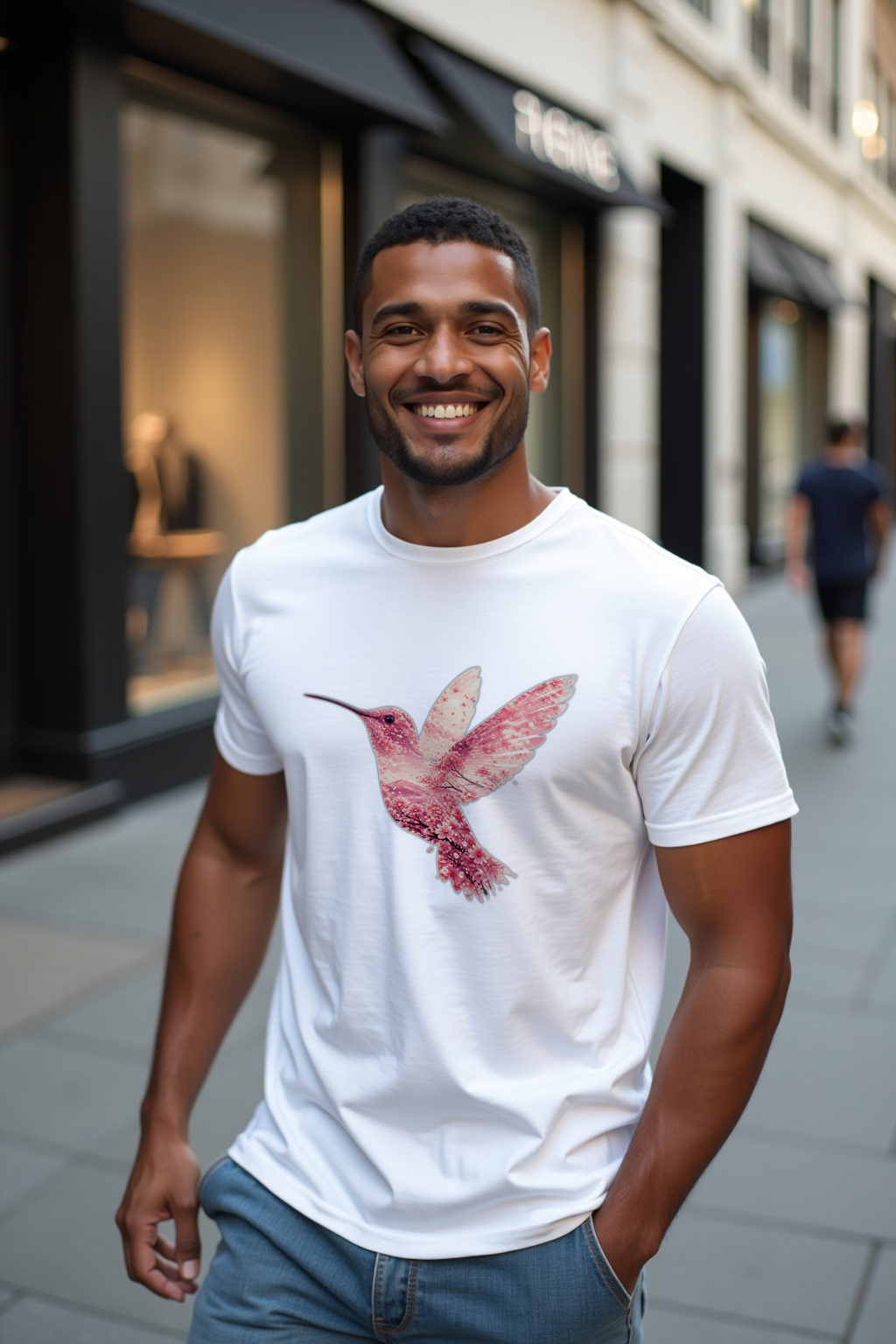 Sakura Hummingbird T-Shirt front view on white tee mannequin — Cosmic Wildlife Double Exposure