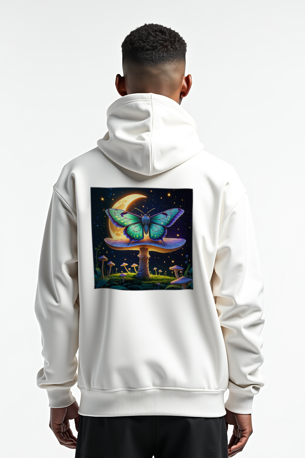 Moth and Moon Mushroom Hoodie white mannequin back view