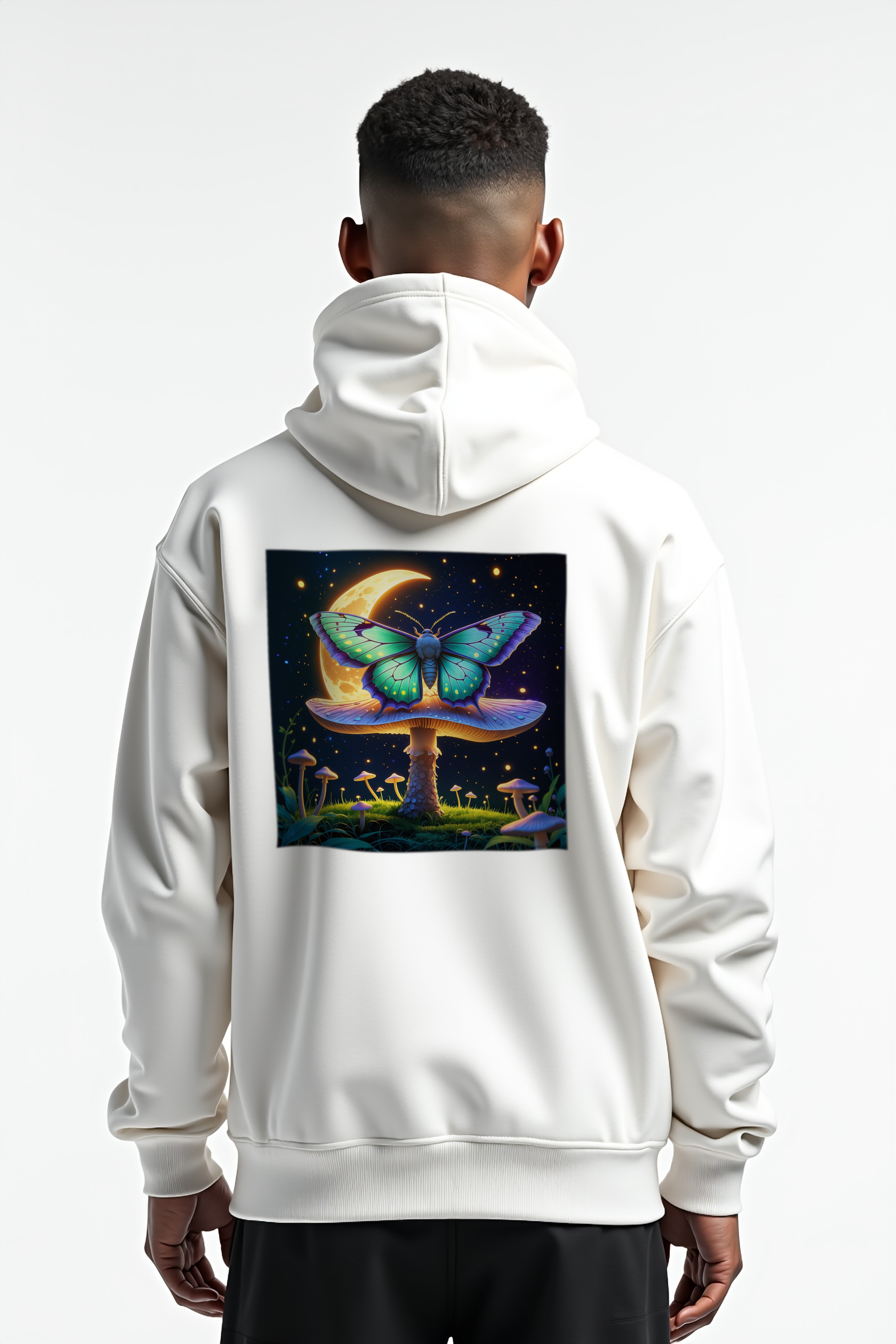 Moth and Moon Mushroom Hoodie white mannequin back view