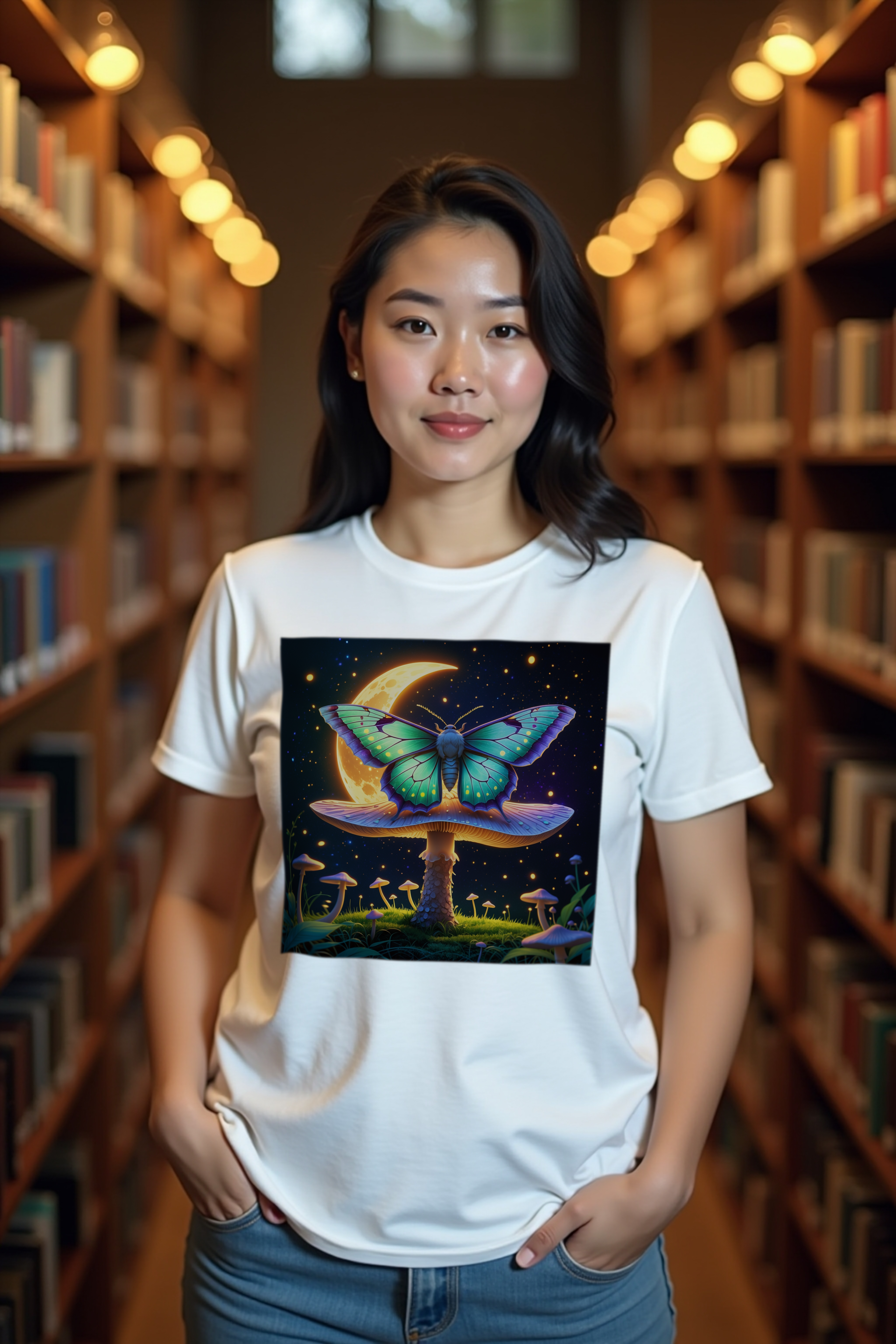 Moth and Moon Mushroom T-Shirt white mannequin front view