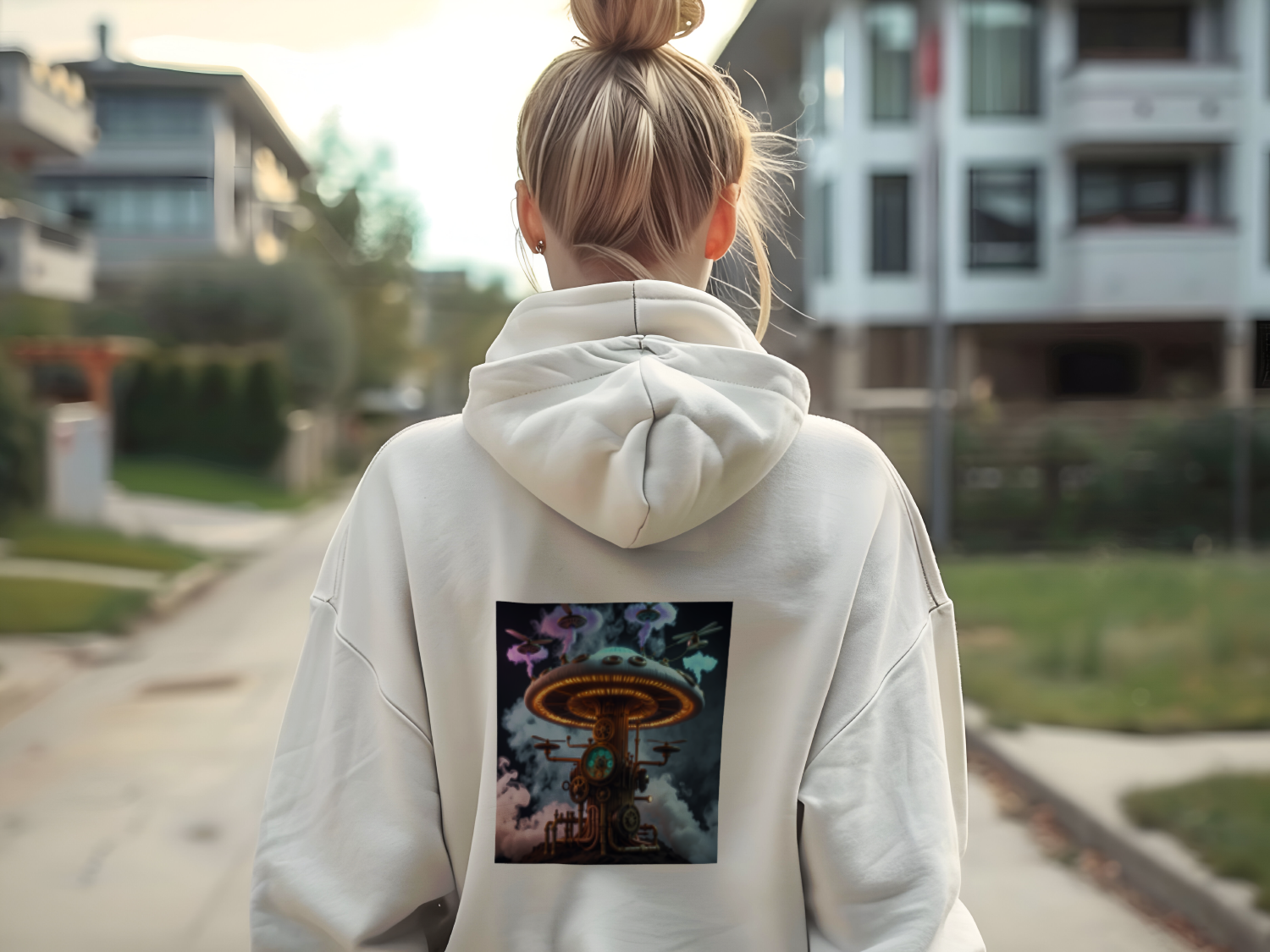 Mechanical Steampunk Spore hoodie back lifestyle