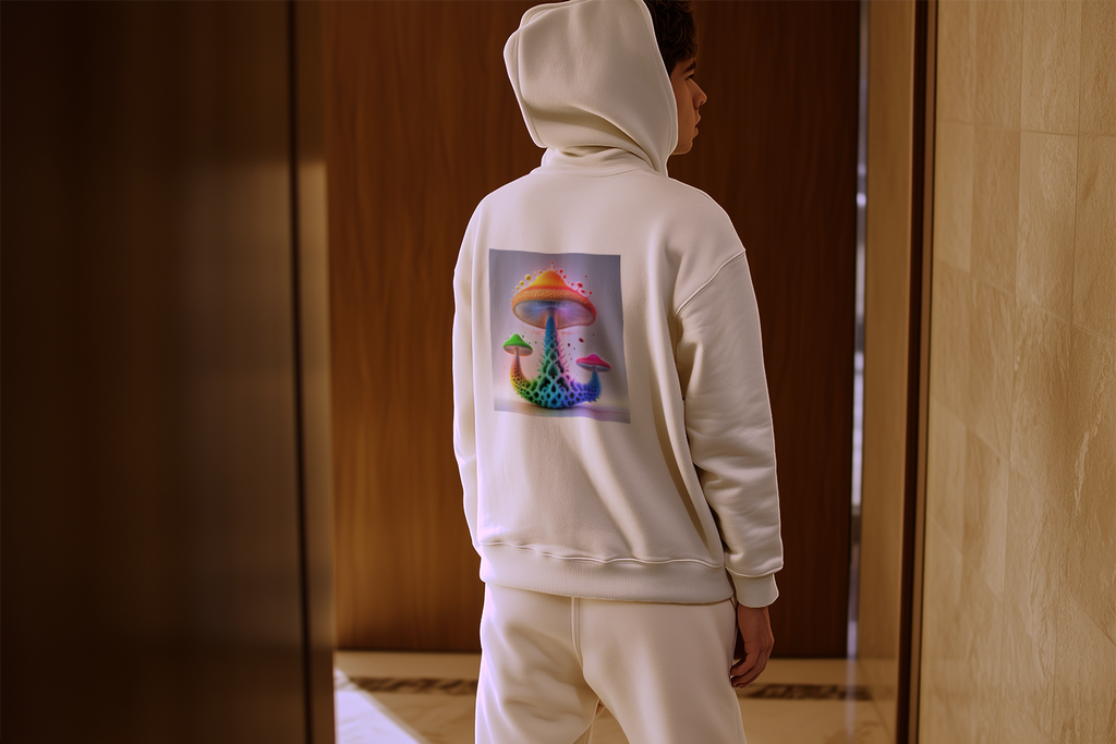 Fractal Infinity Shroom Hoodie back view alt mannequin