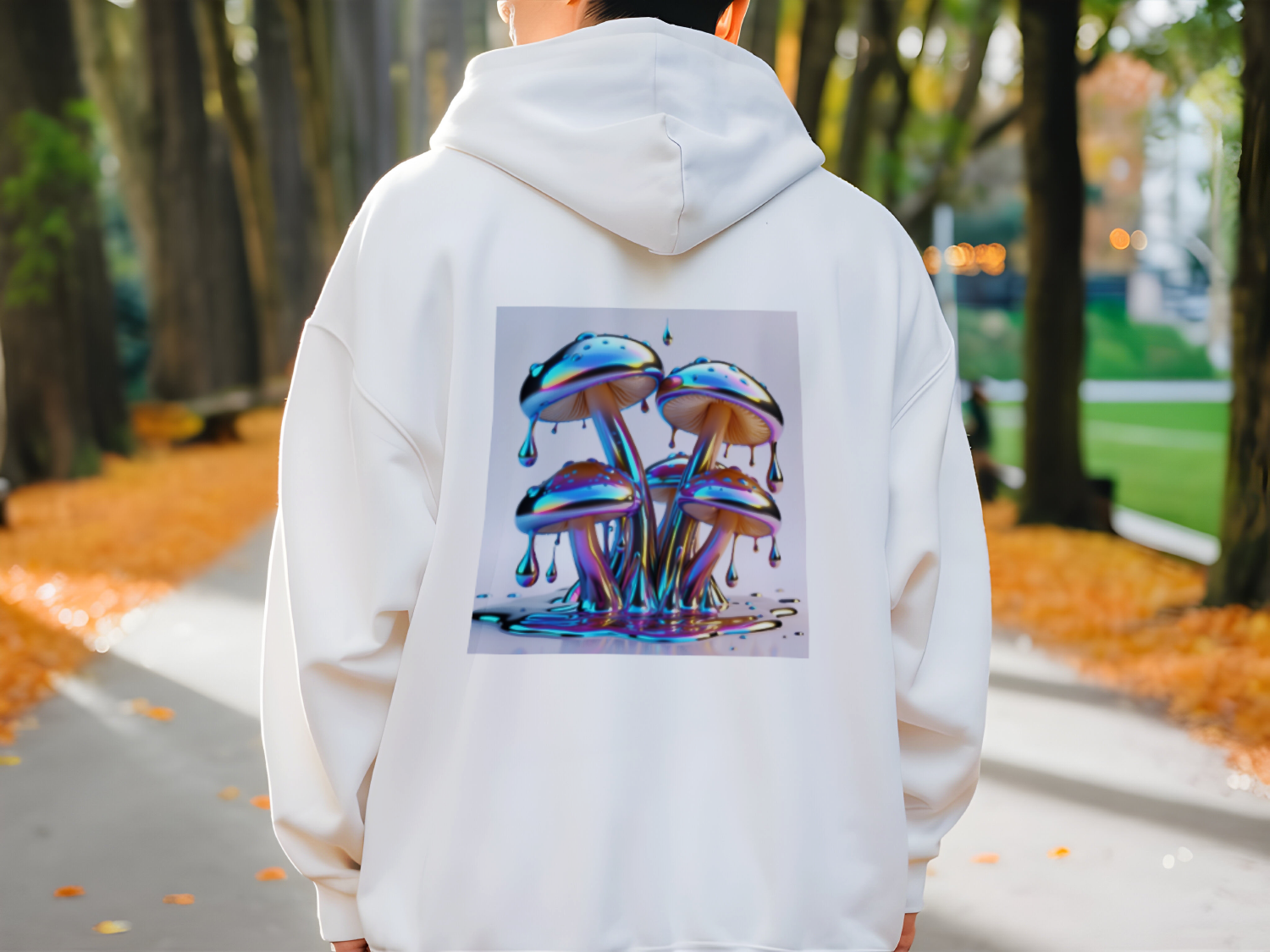 Liquid Chrome Shiitake Hoodie back view alt mannequin