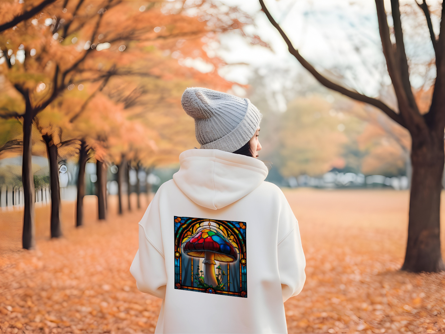 Stained Glass Porcini hoodie back mannequin black
