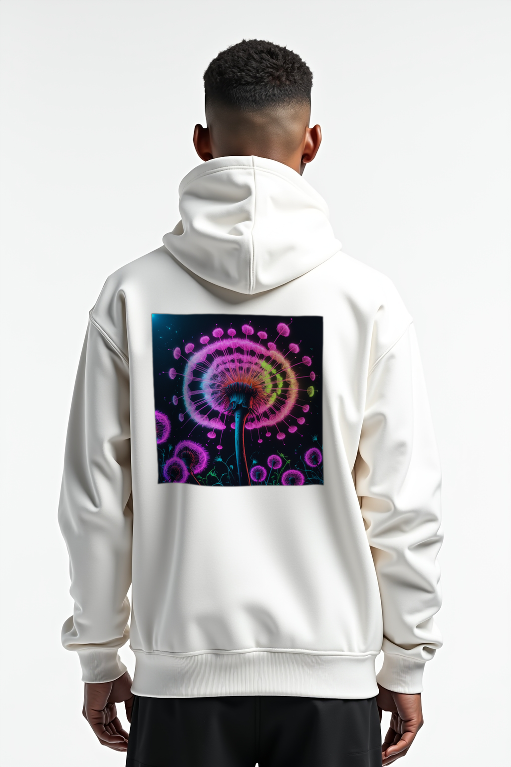 Glow Dandelion Hoodie — White mannequin contrapposto