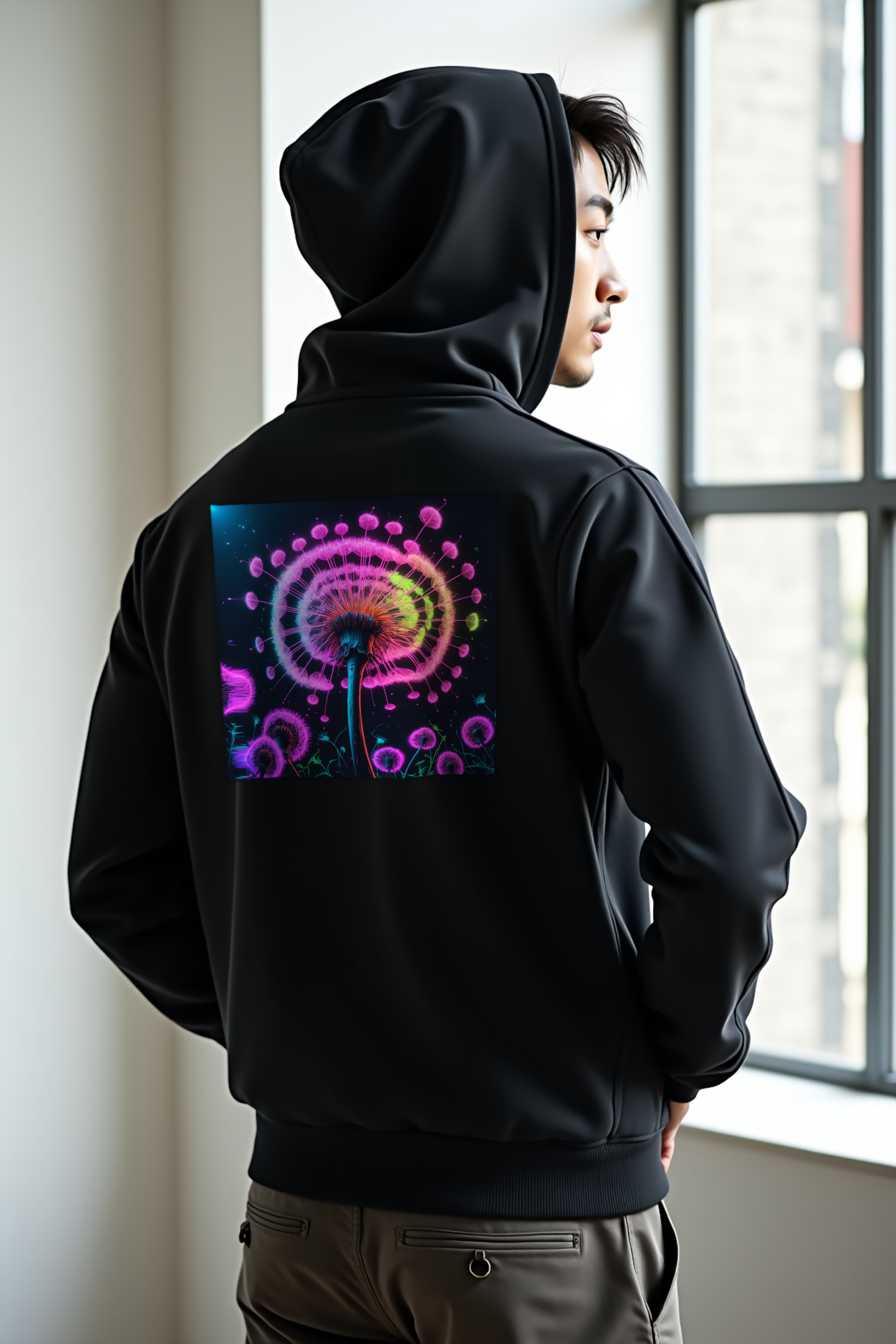 Glow Dandelion Hoodie — Black mannequin hands behind