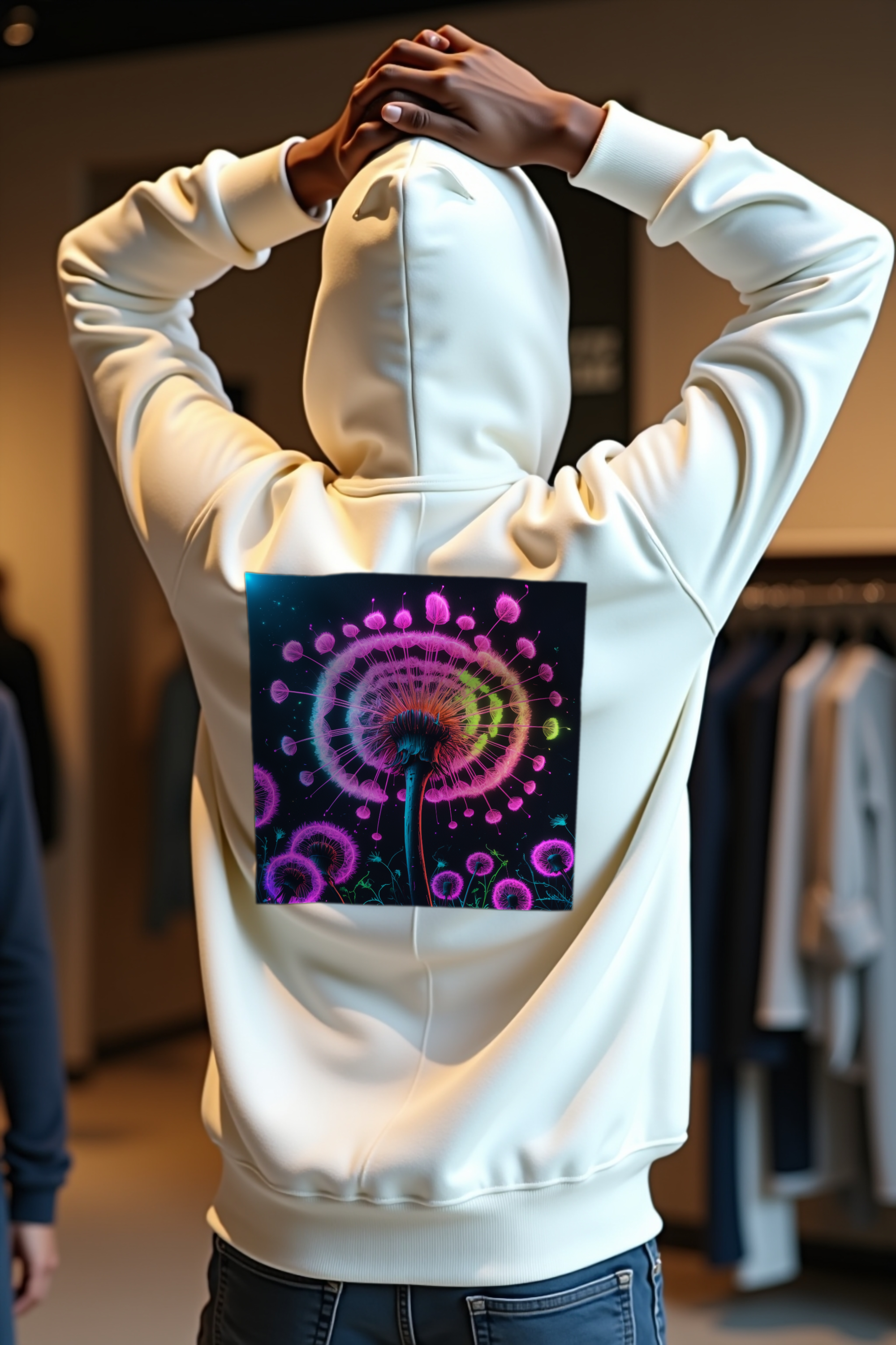 Glow Dandelion Hoodie — White mannequin slim stretching