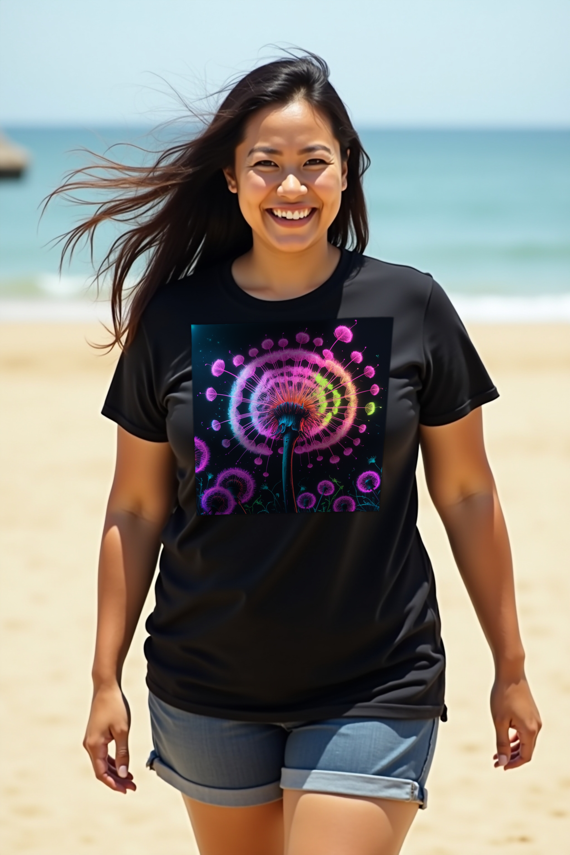 Glow Dandelion T-Shirt — Black mannequin southeast-asian beach