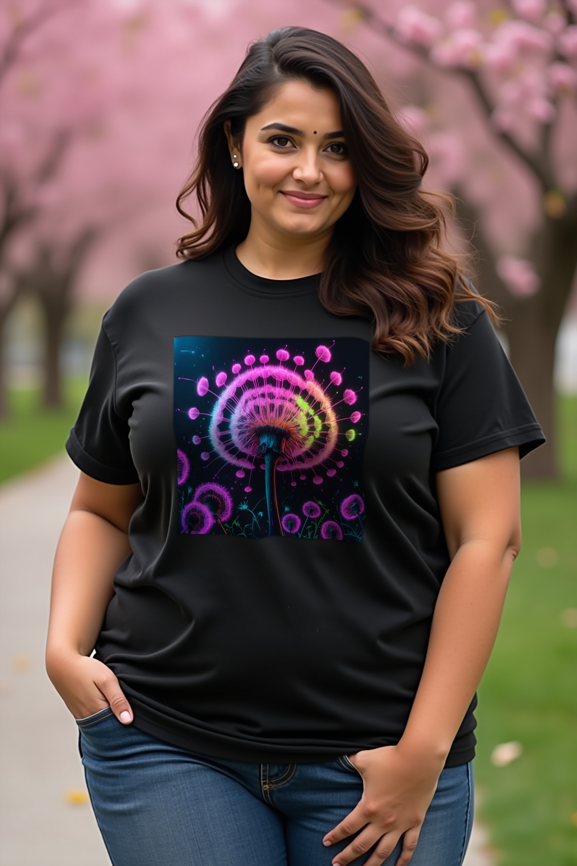 Glow Dandelion T-Shirt — Black mannequin curvy contrapposto