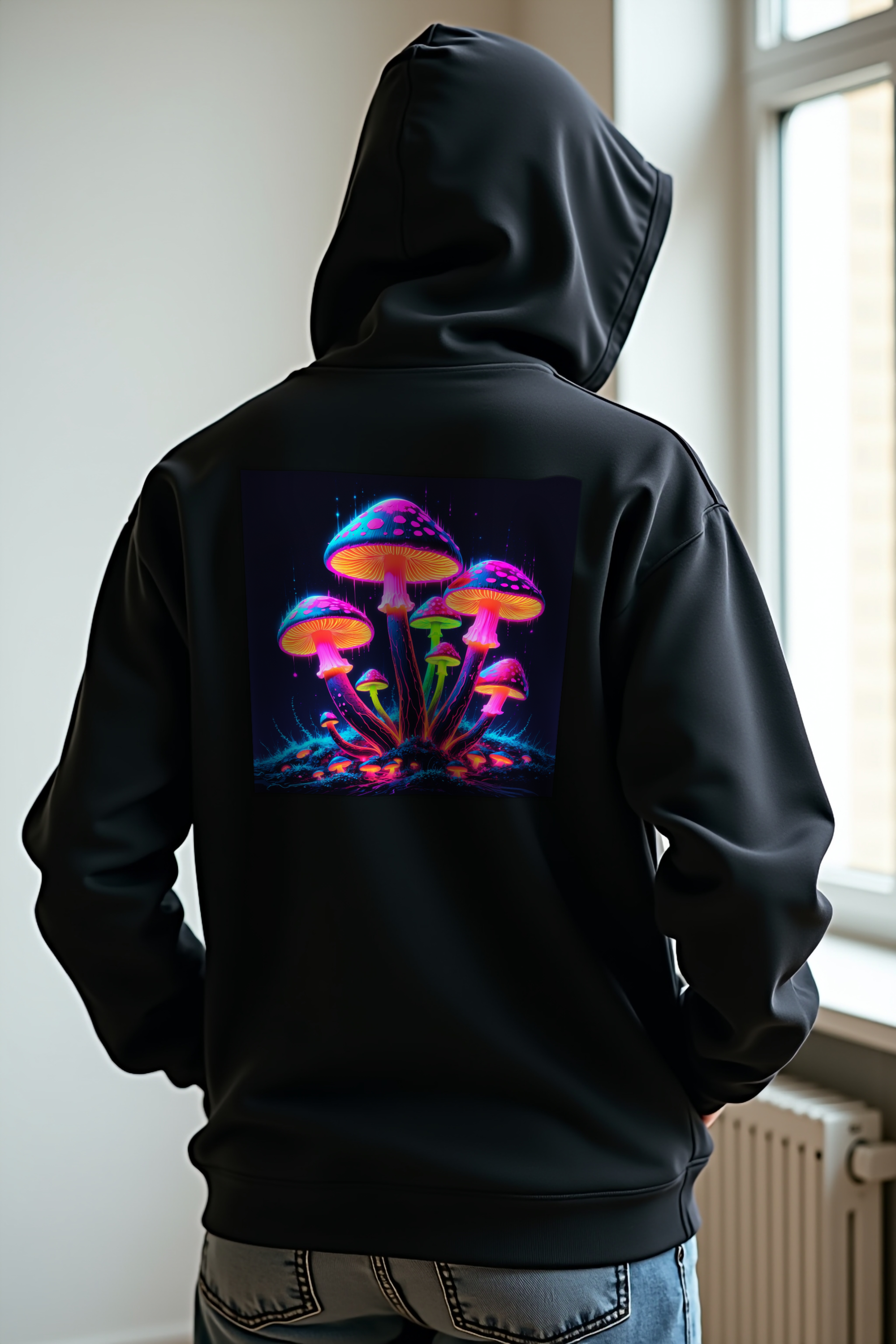 Glow Fungi Hoodie - Black hands in pockets