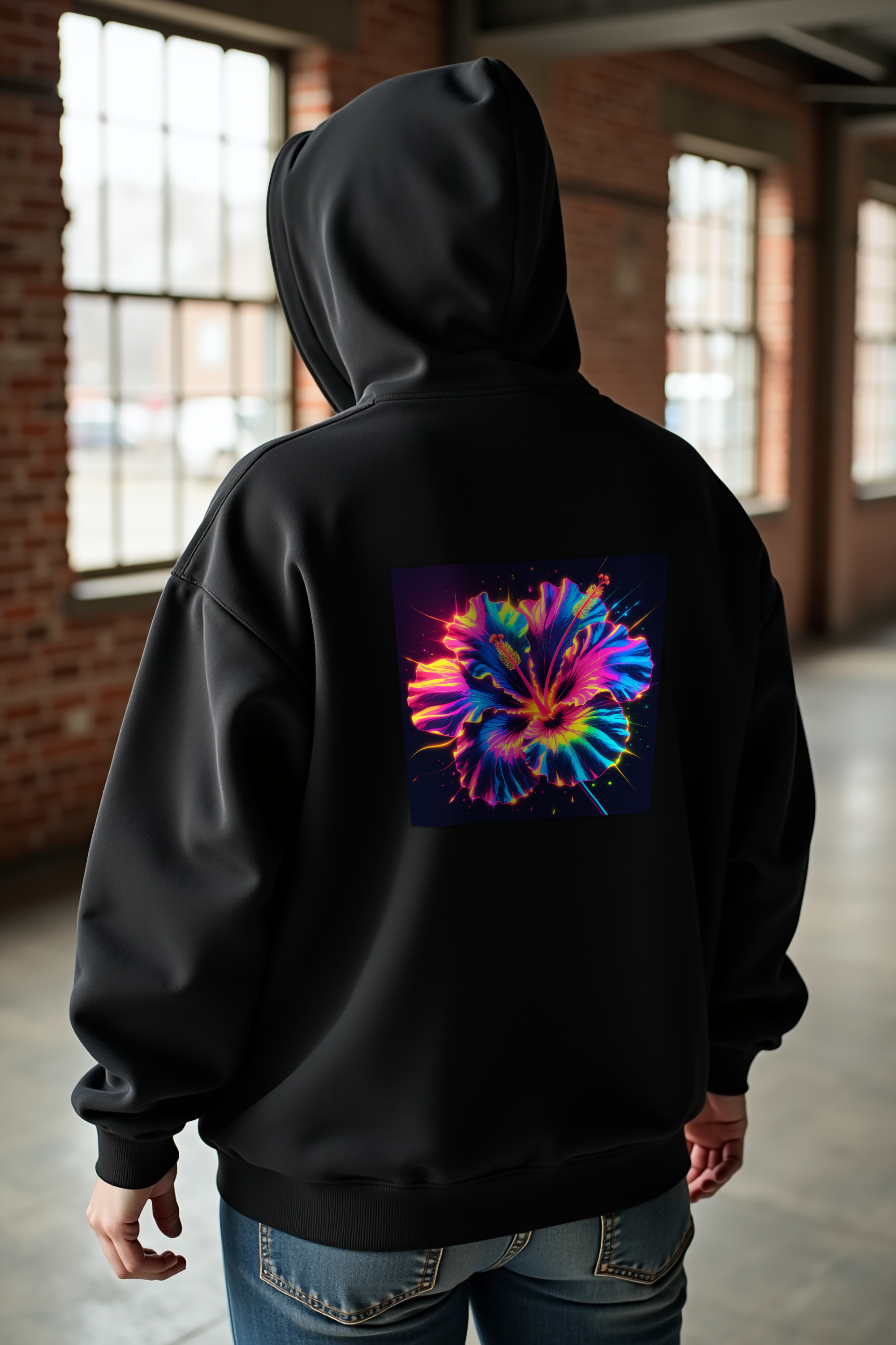 Neon Hibiscus Hoodie — Black mannequin caucasian relaxed back