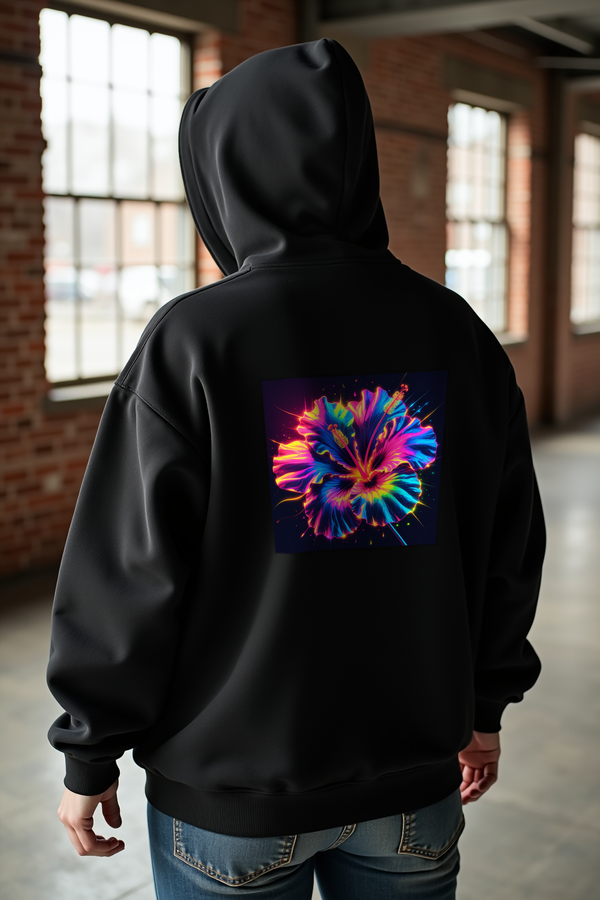 Neon Hibiscus Hoodie — Black mannequin caucasian relaxed back
