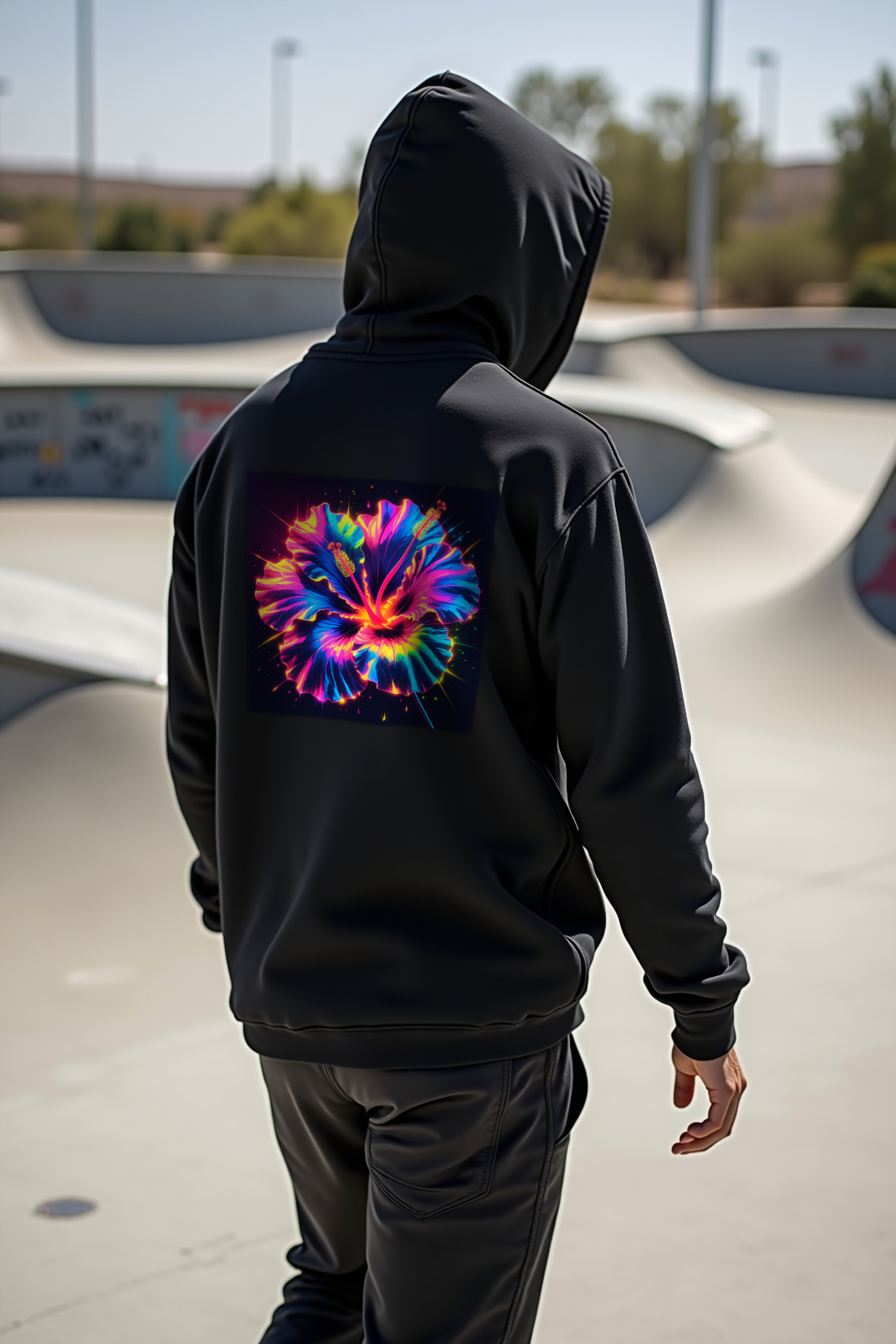 Neon Hibiscus Hoodie — Black mannequin walking away