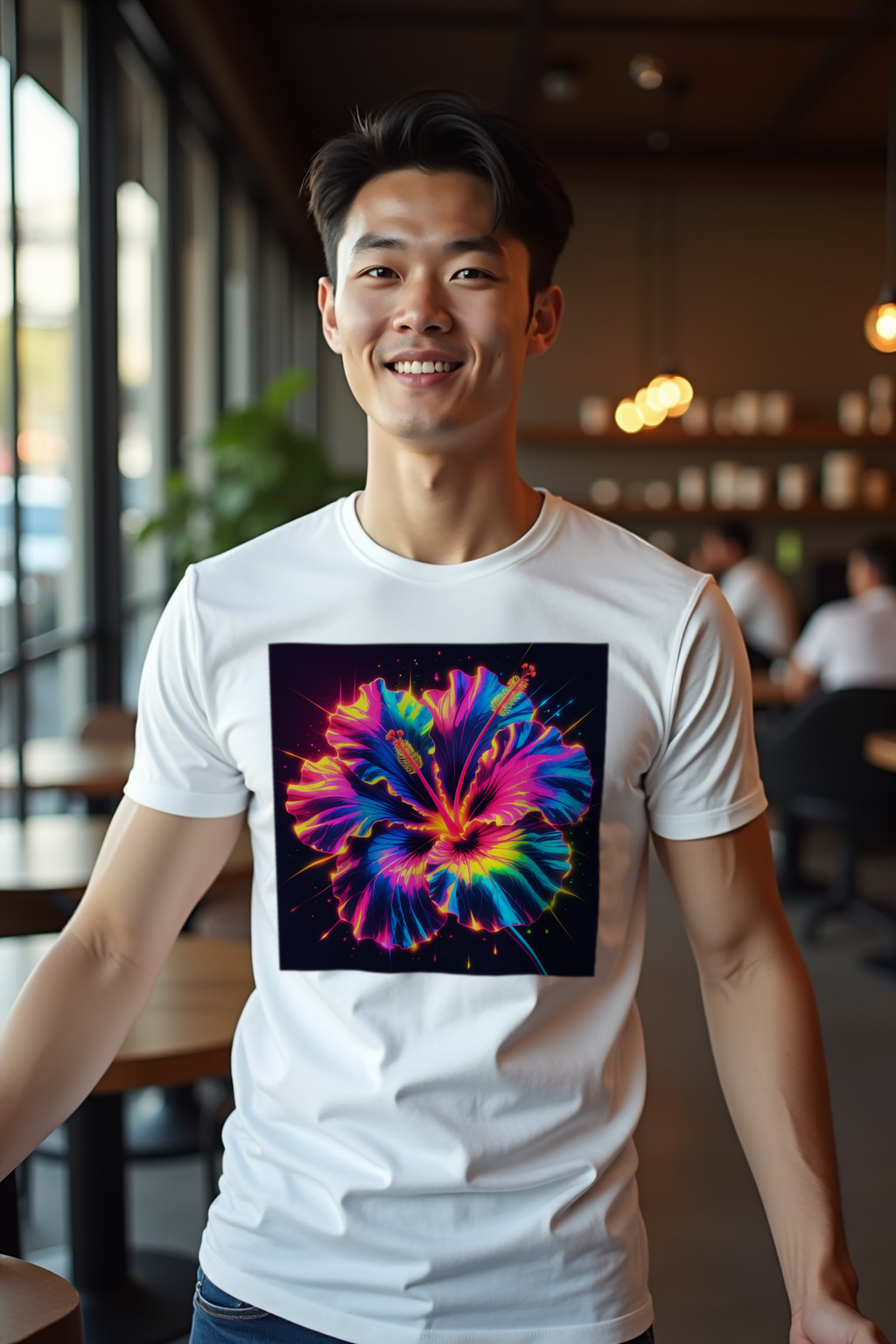 Neon Hibiscus T-Shirt — White mannequin arms extended