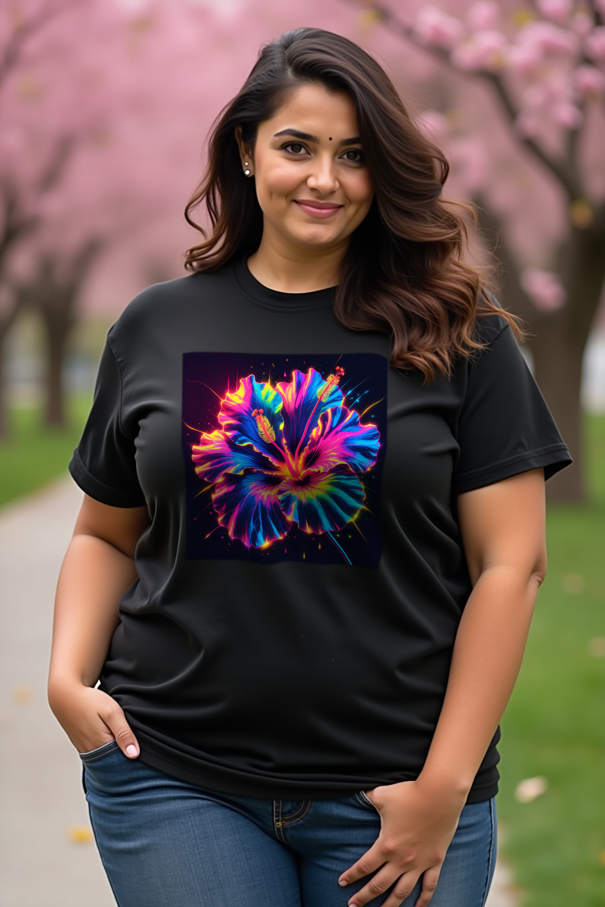 Neon Hibiscus T-Shirt — Black mannequin curvy contrapposto