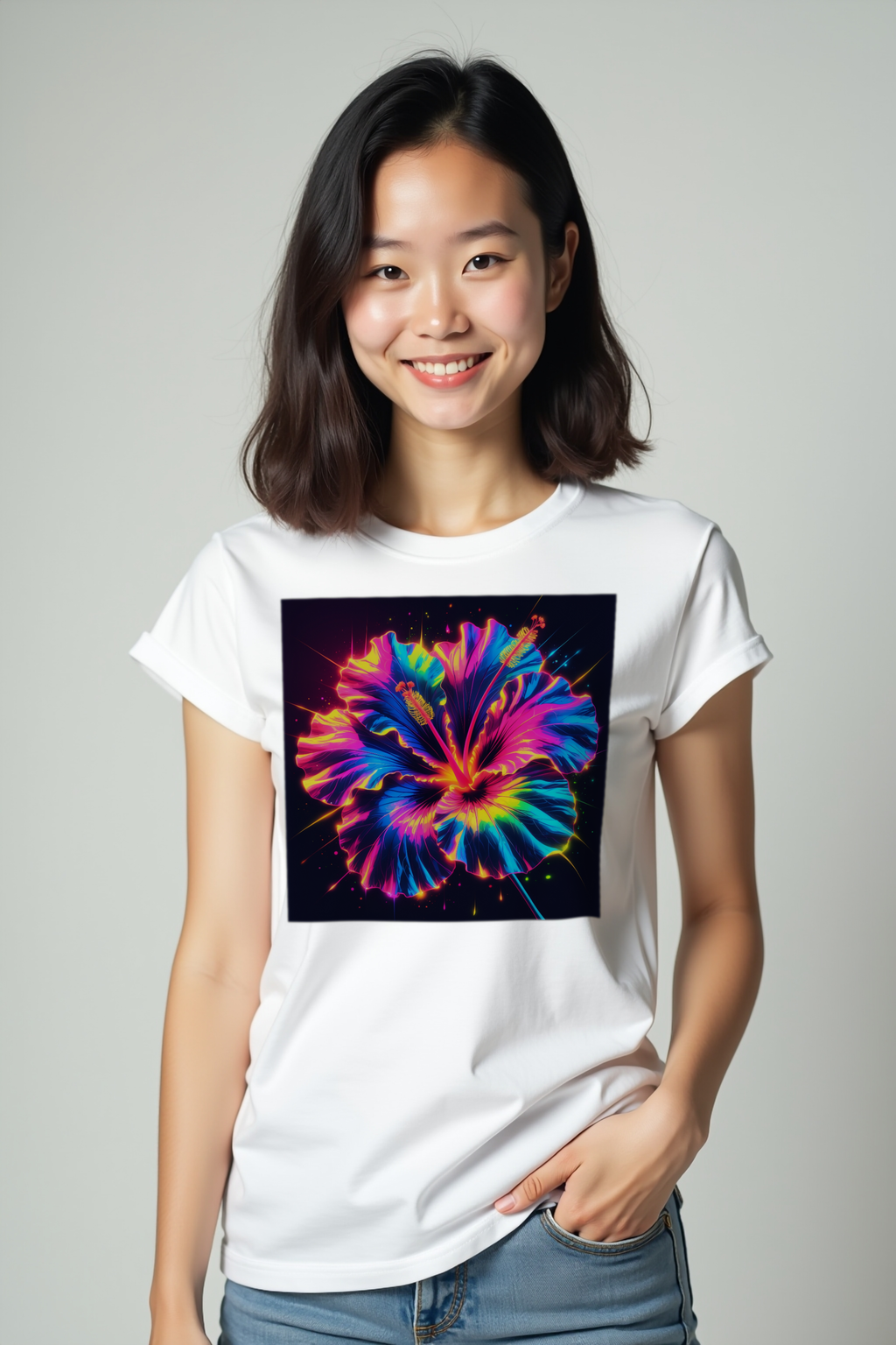 Neon Hibiscus T-Shirt — White mannequin hands in pockets