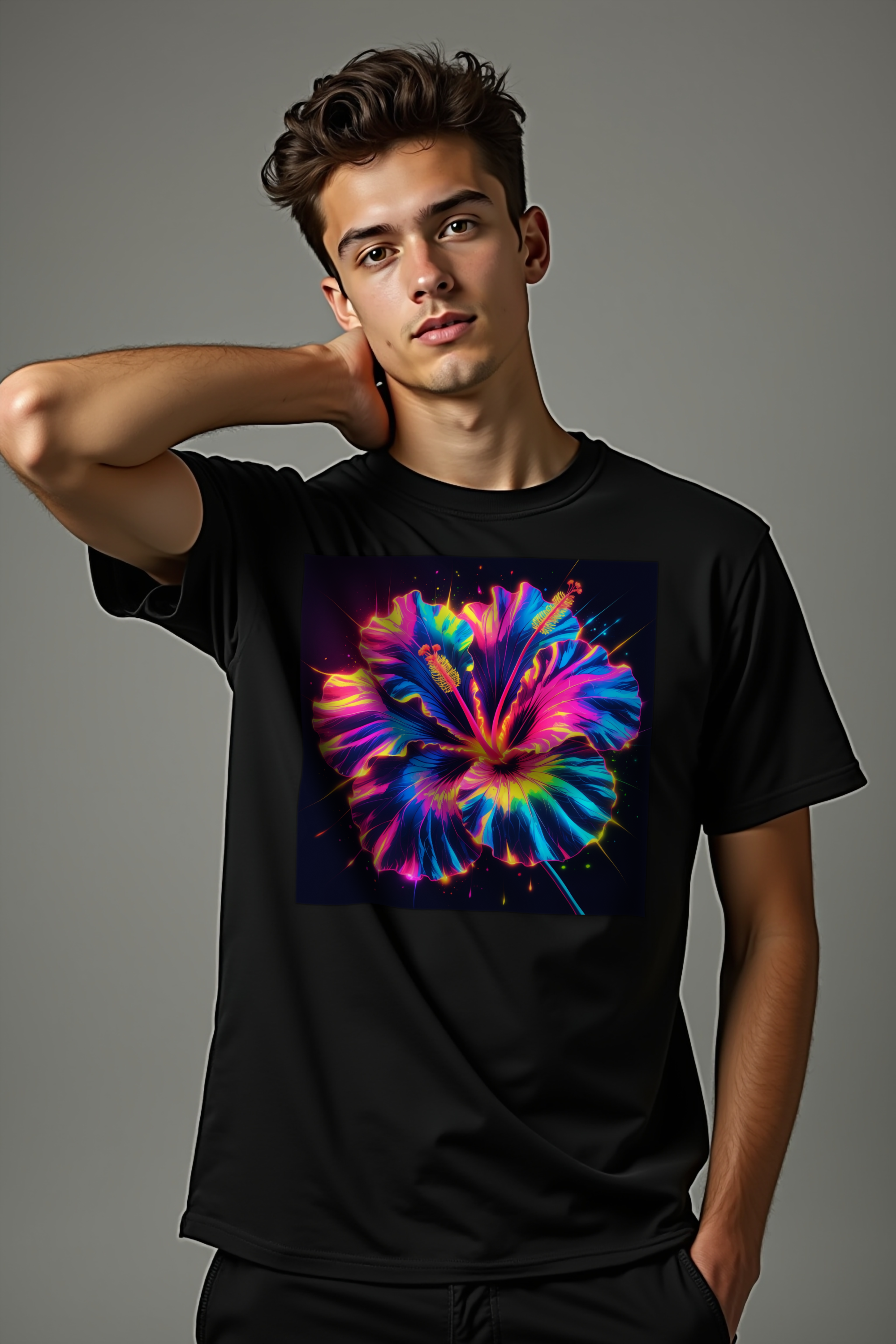 Neon Hibiscus T-Shirt — Black mannequin one hand on neck