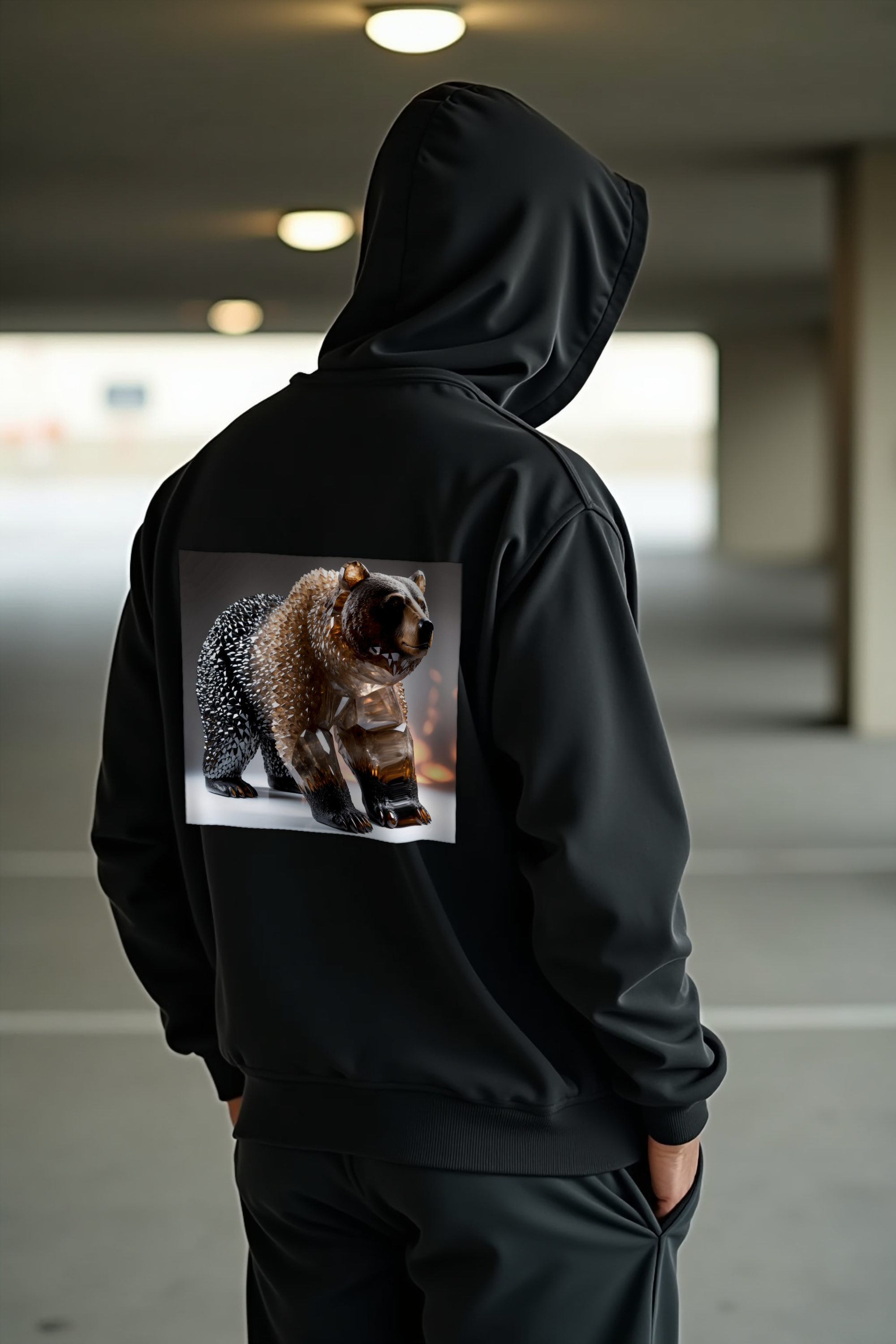 Smoky Quartz Bear Hoodie - Black - Hands in pockets back