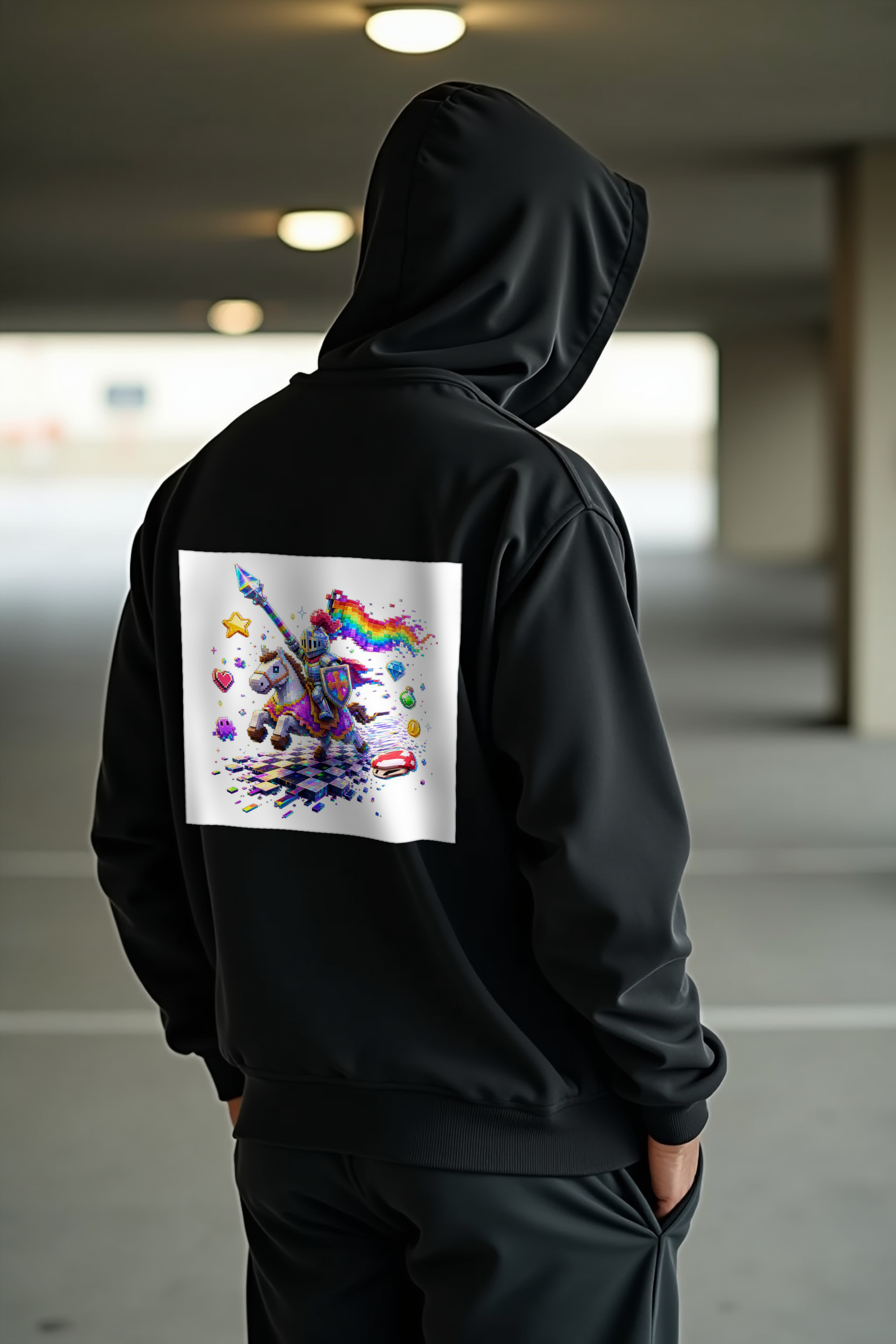 Pixel Knight on Pixel Steed black hoodie mannequin hands in pockets back right 45