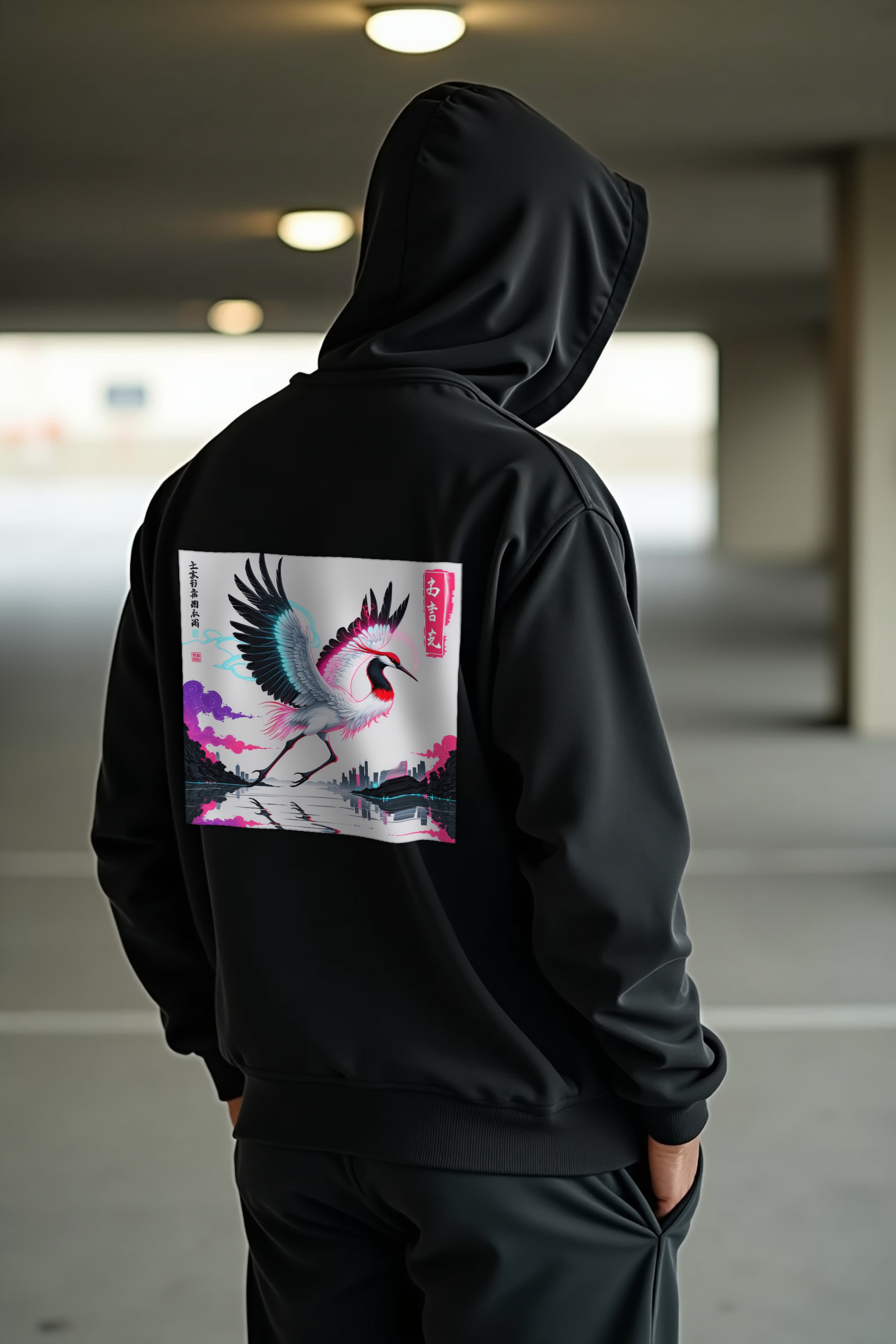 Crane Cityscape Hoodie Black Muscular Hands Pockets Back