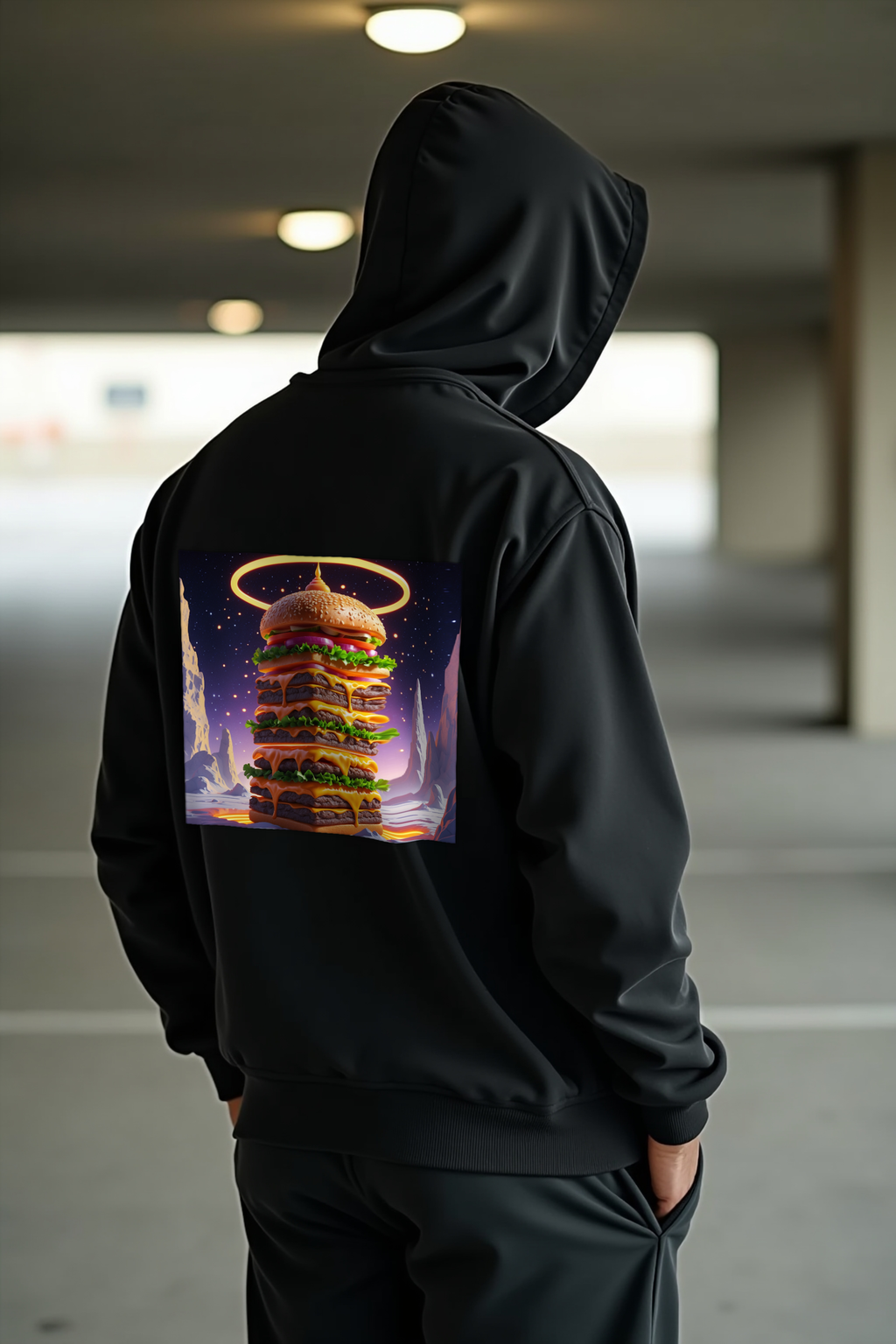 Fractal Cheeseburger Hoodie Black hands in pockets back
