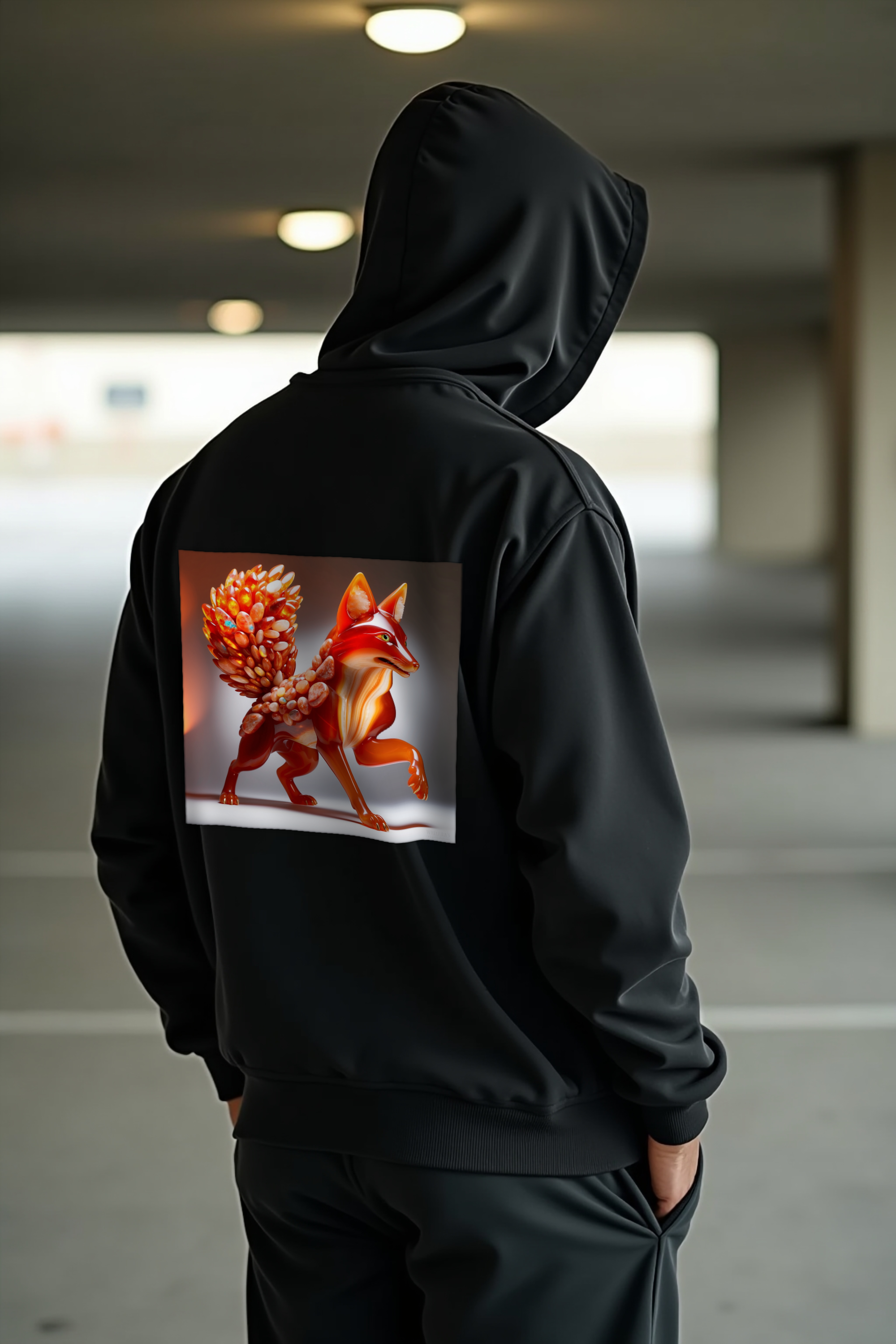 Carnelian Fox hoodie - black, hands in pockets, back right 45