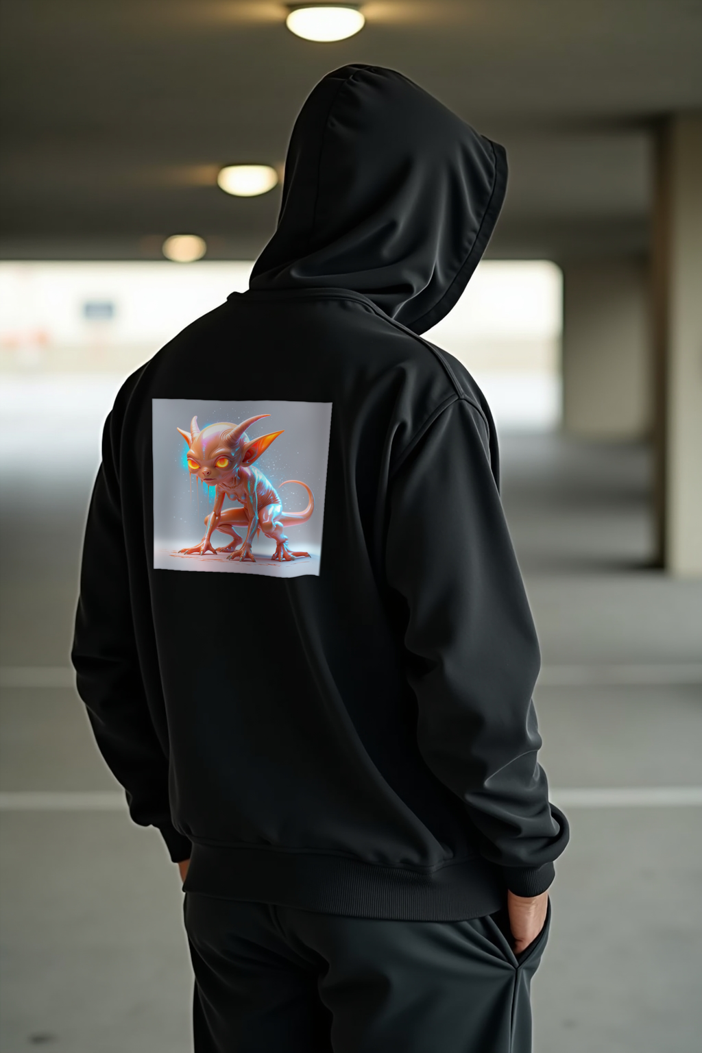 Dover Demon Hoodie - black mockup, hands in pockets back 3/4