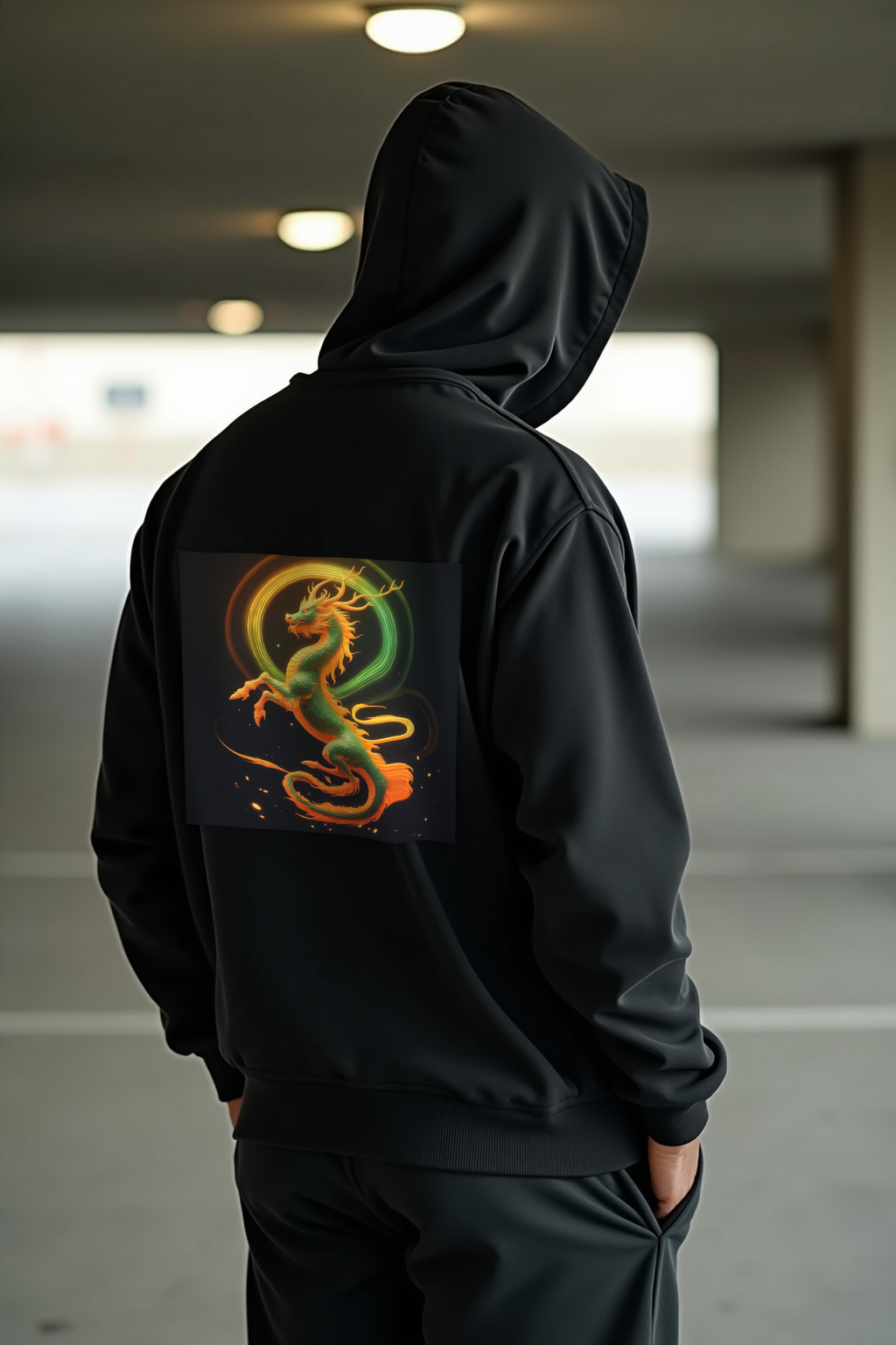 Ancient Flex Qilin black hoodie muscular hands in pockets back