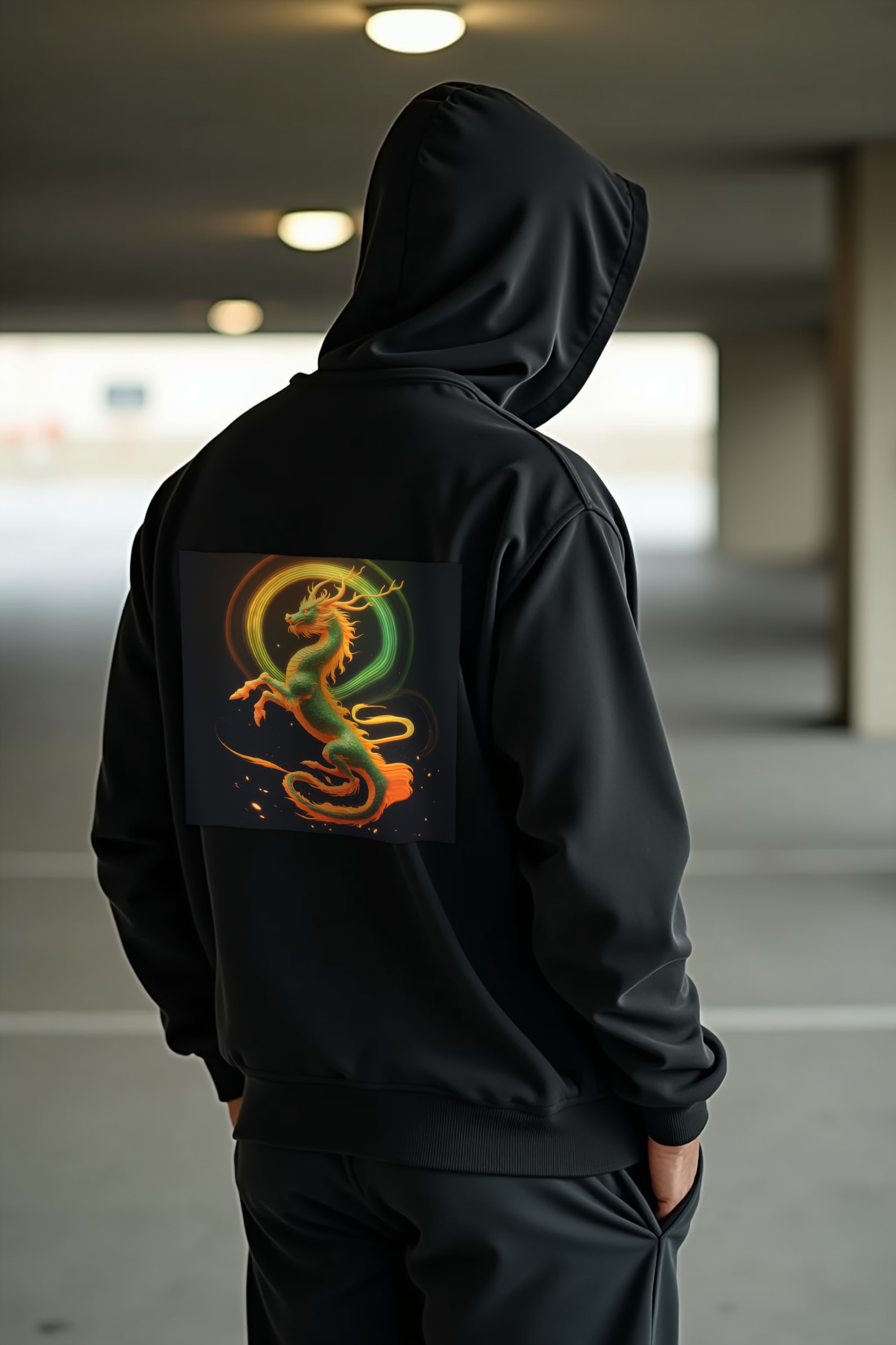 Ancient Flex Qilin black hoodie muscular hands in pockets back