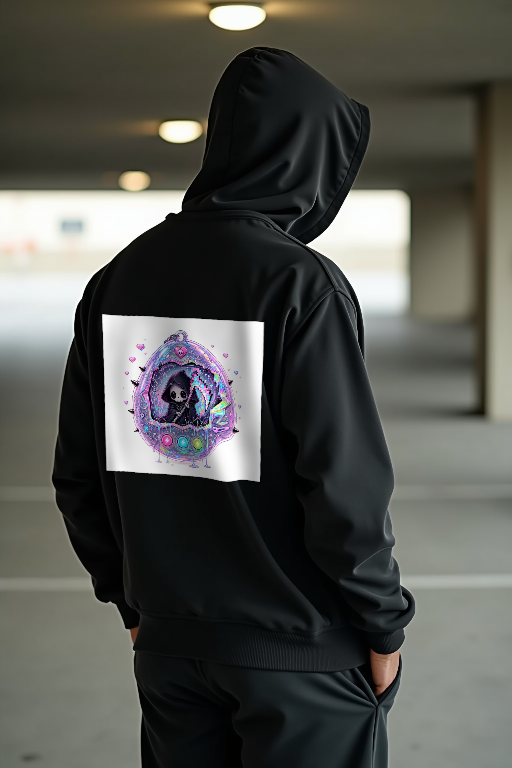 Tamagotchi Reaper hoodie - black mannequin back right view