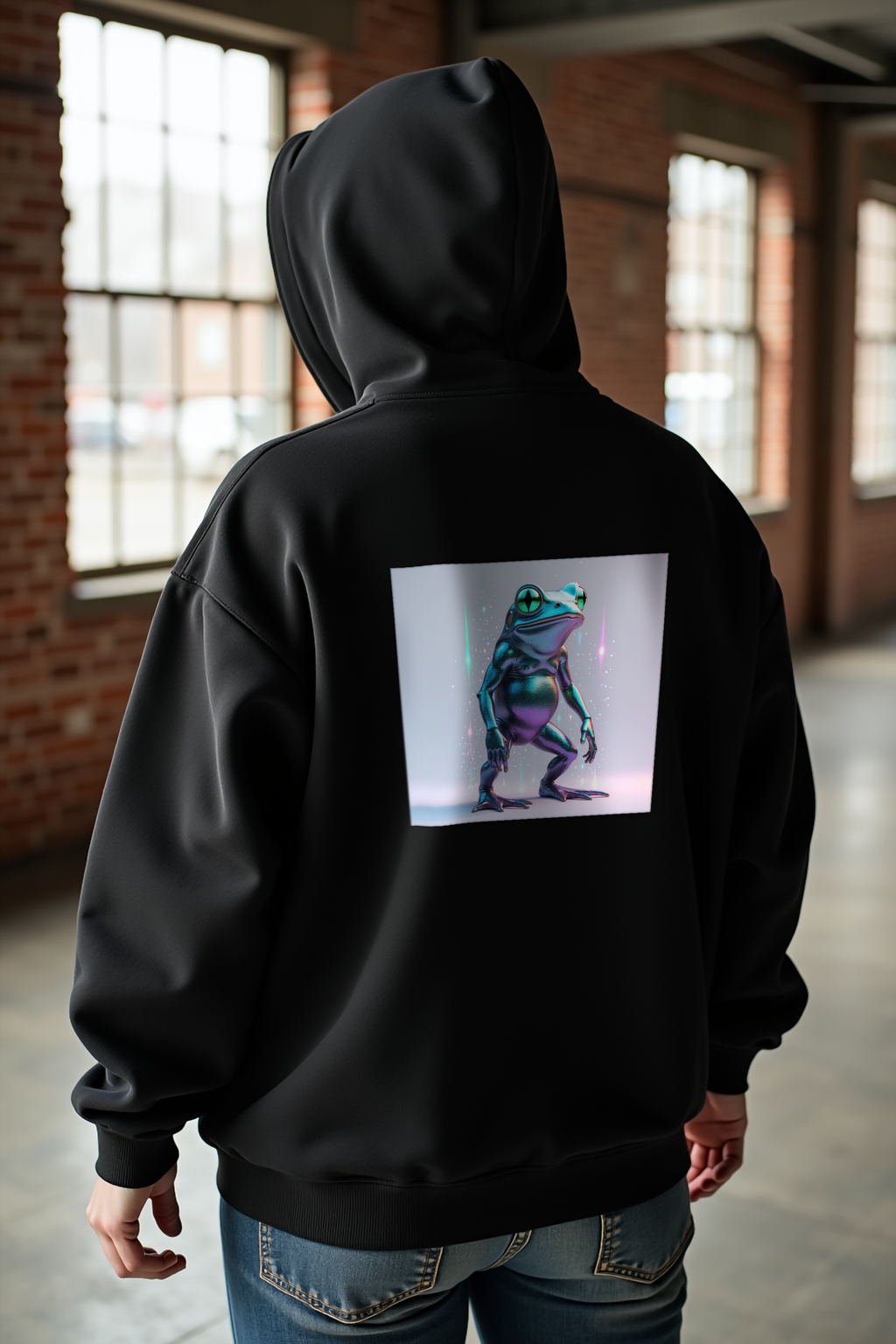 Loveland Frog Hoodie - black mockup, back 3/4 view, relaxed