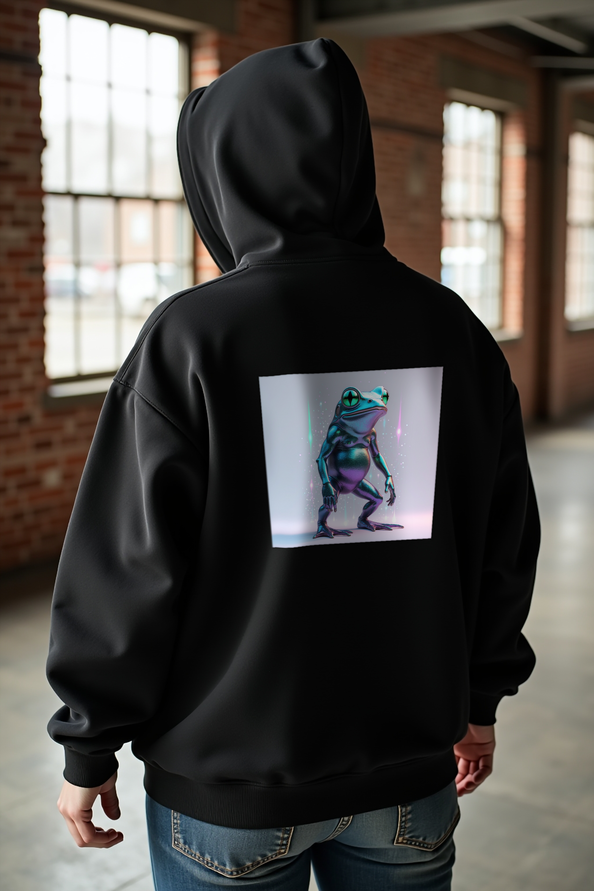 Loveland Frog Hoodie - black mockup, back 3/4 view, relaxed