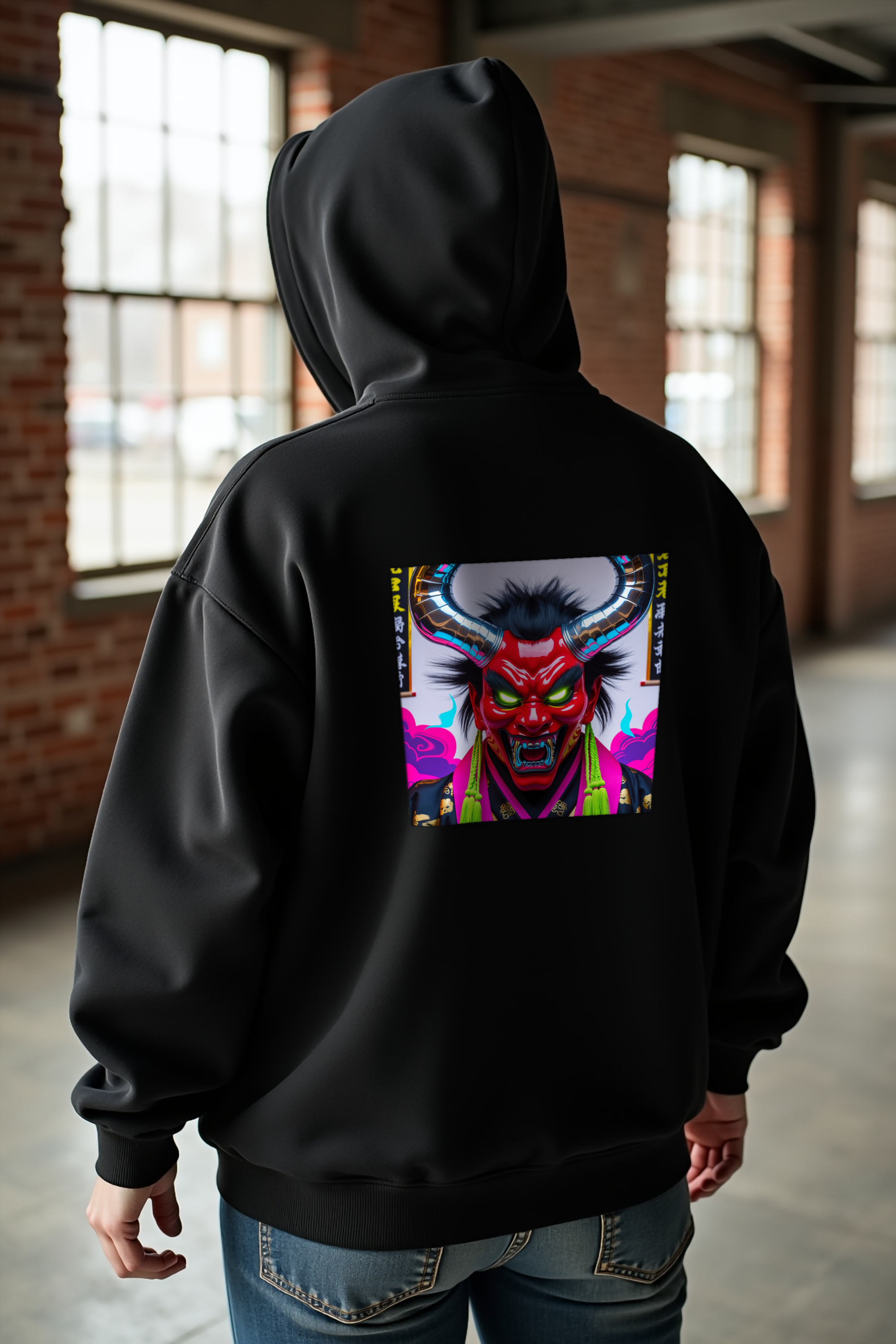 Electric Oni Mask Hoodie Black Back Right 45