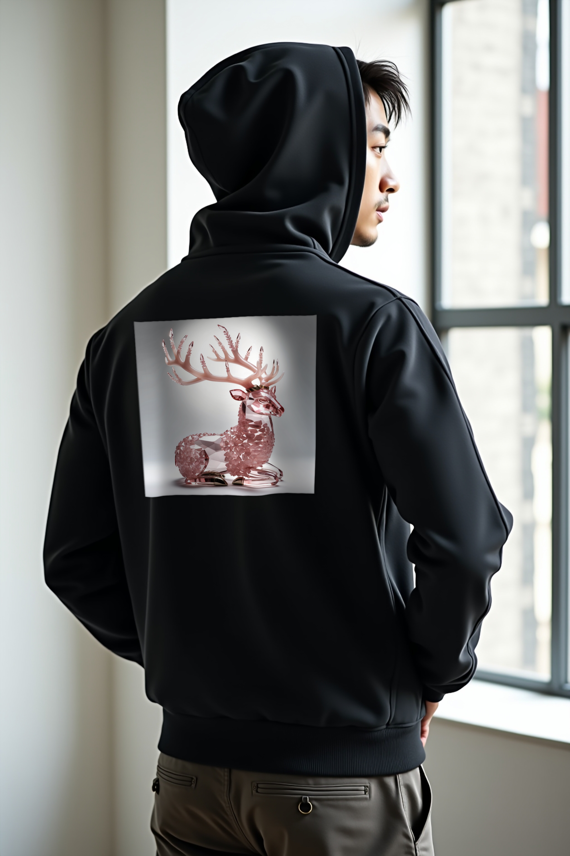Rose Quartz Stag Hoodie - black back right 45