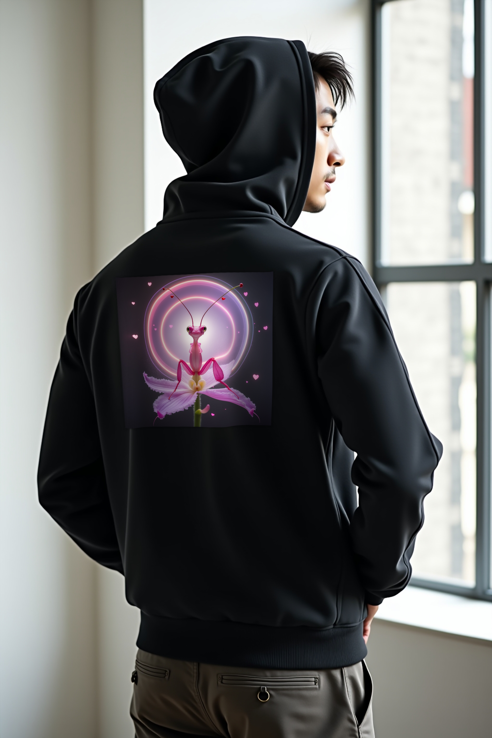 Delulu Orchid Mantis hoodie black east asian back