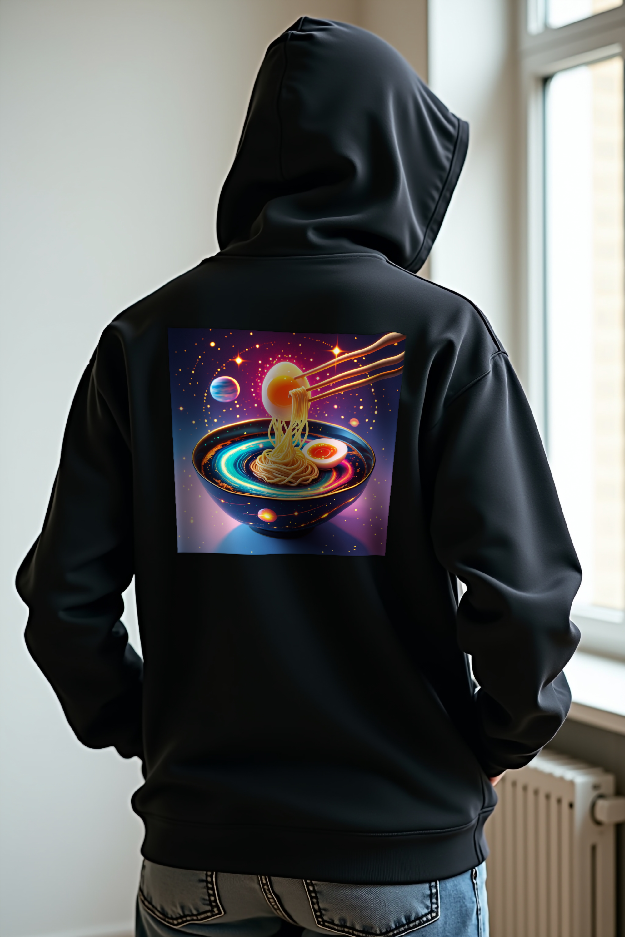 Cosmic Carbonara Hoodie Black hands in pockets back