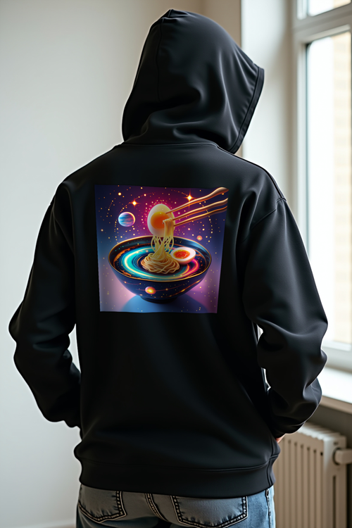Cosmic Carbonara Hoodie Black hands in pockets back