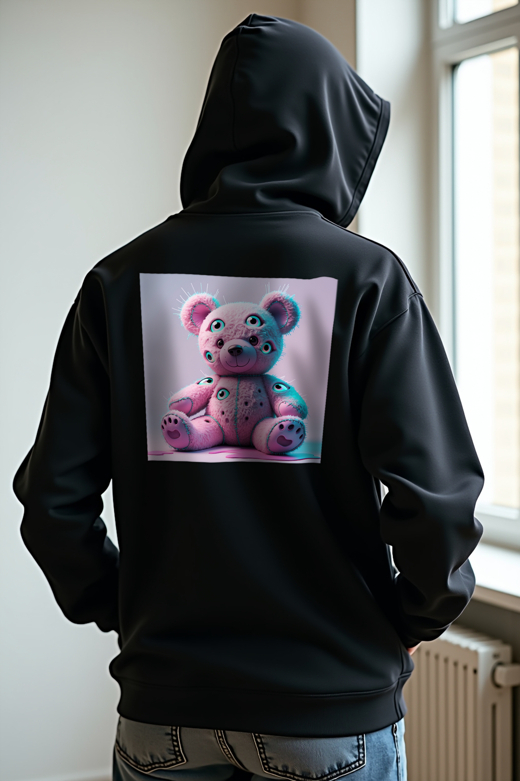 Stitch Bear hoodie mockup black back hands in pockets